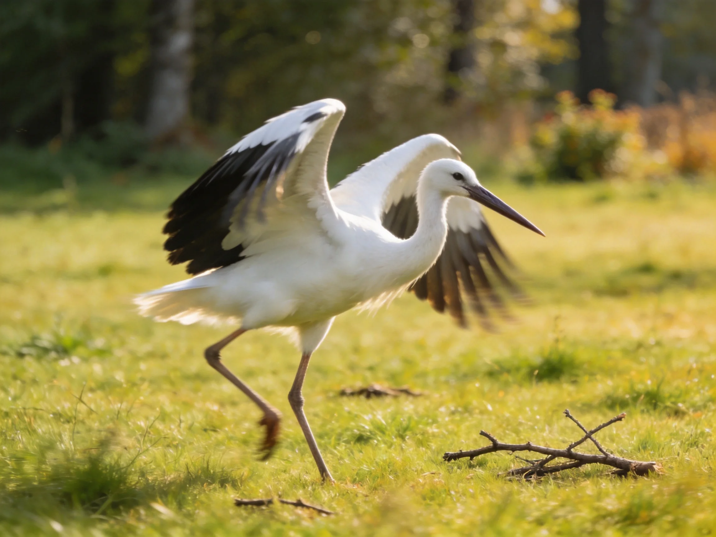 White stork with black wings landing on sunlit grass