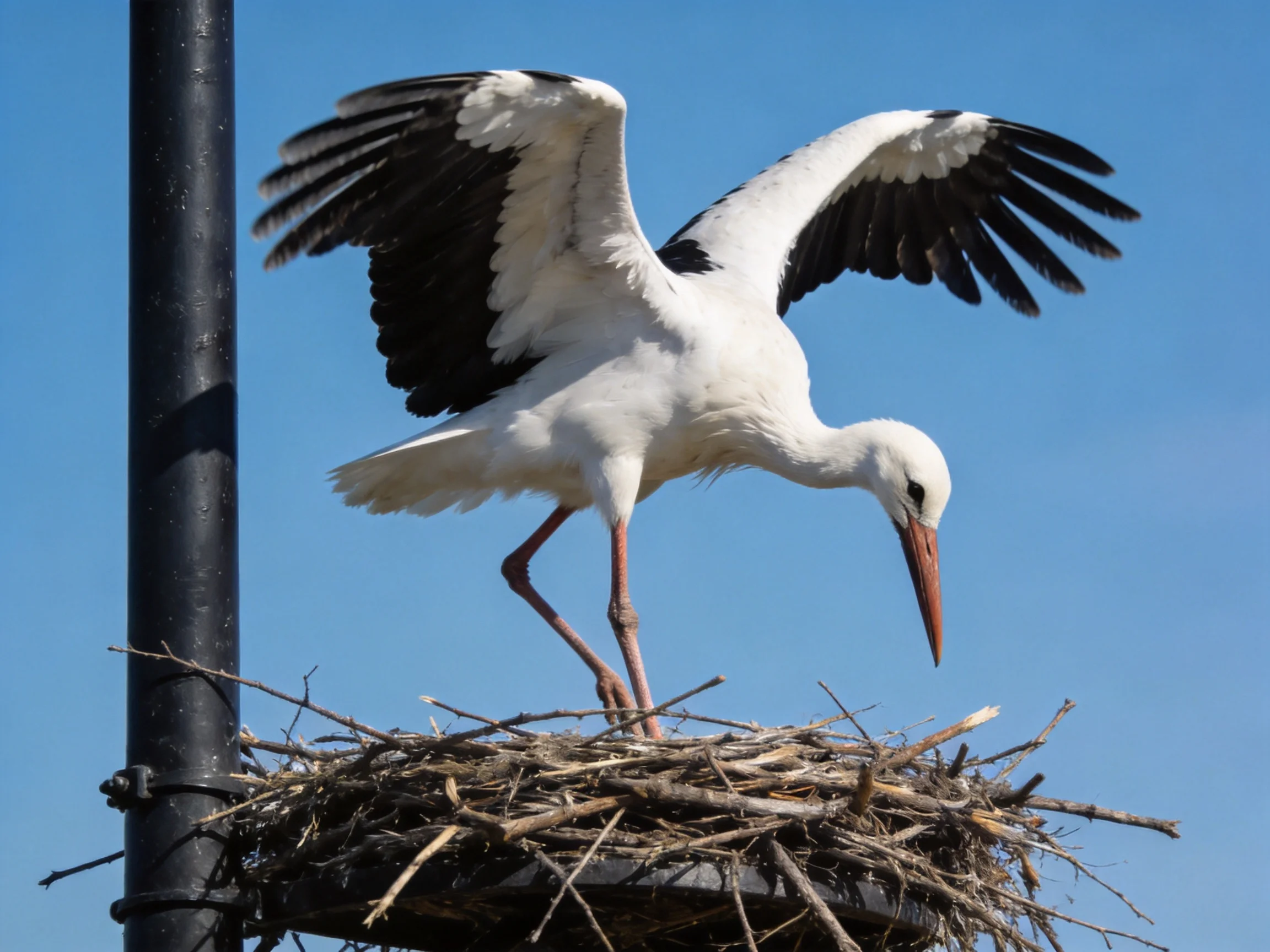 White stork with black wings landing on twig nest near dark pole