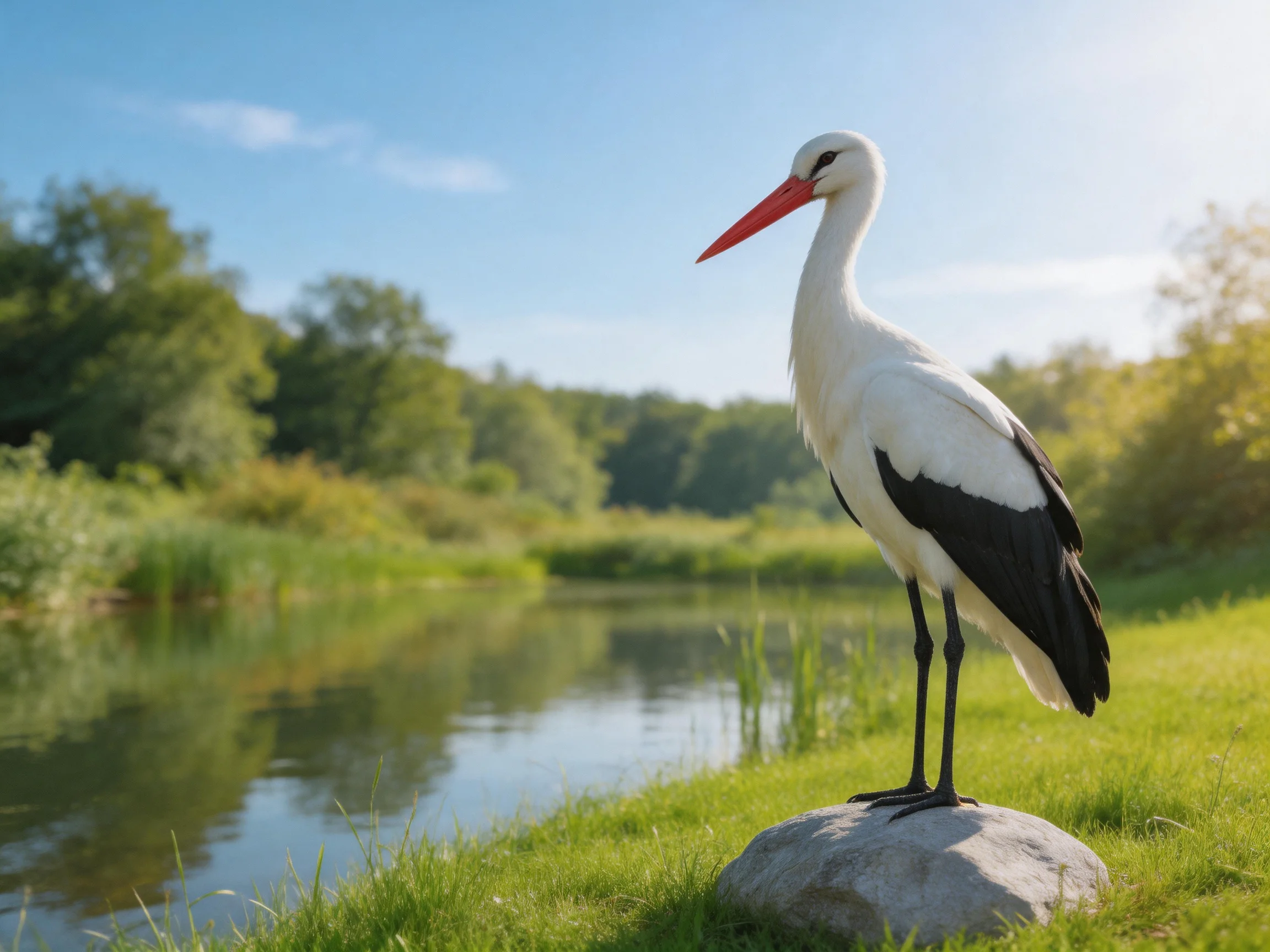 White stork with black wings perched on rock by tranquil river