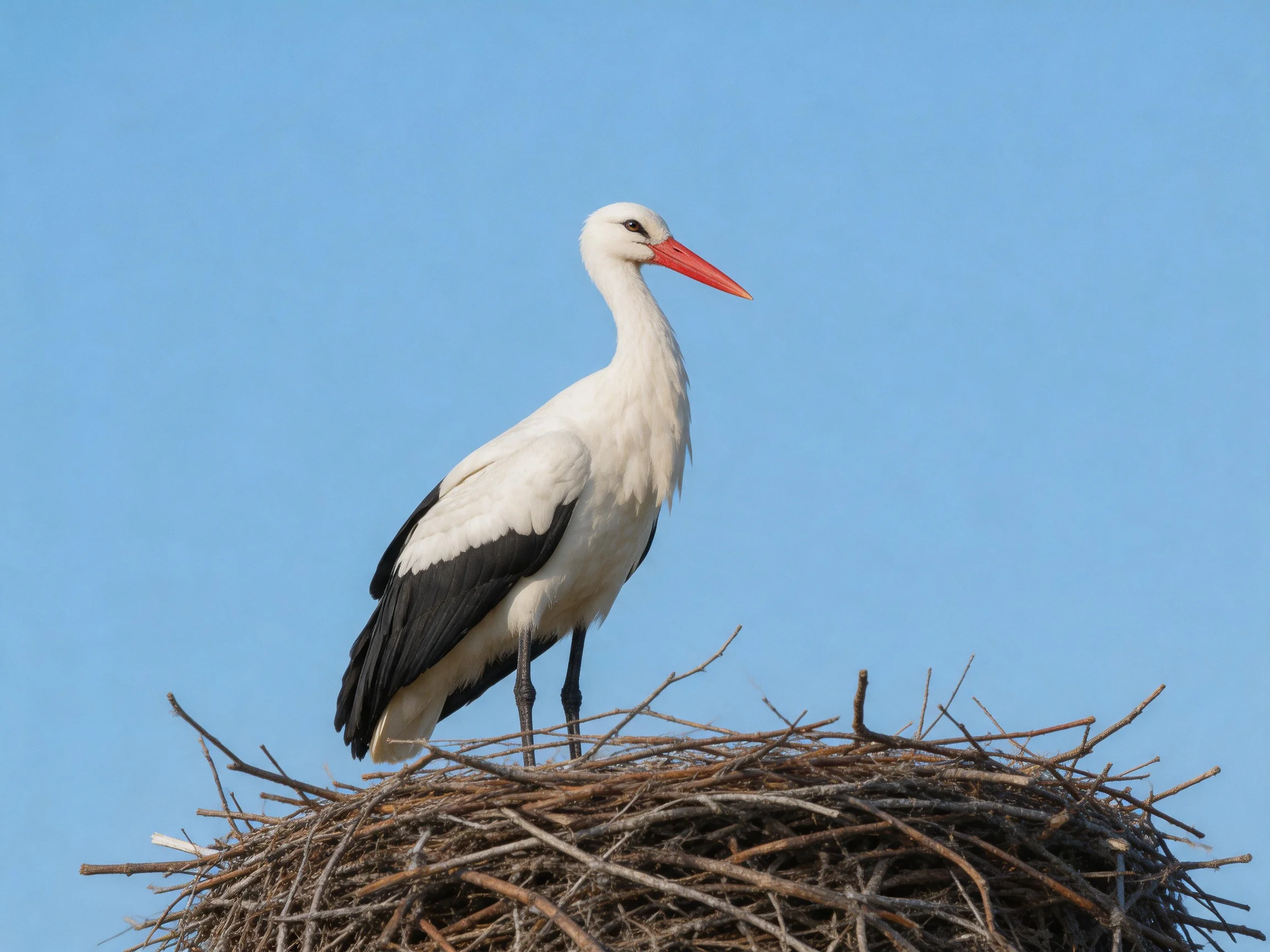 White stork with black wings perches on twig nest under clear blue sky