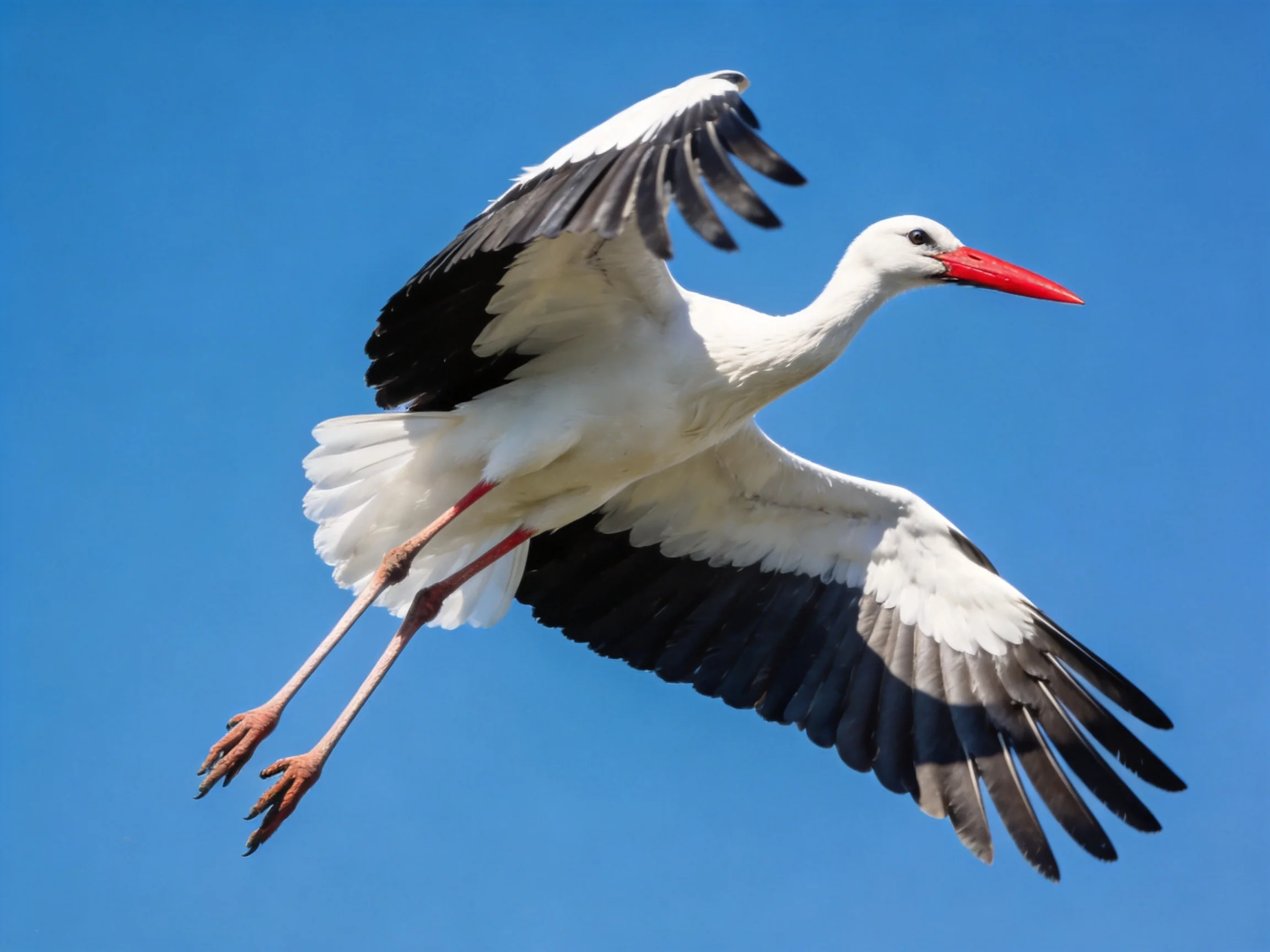 White stork with black wings soaring in clear blue sky