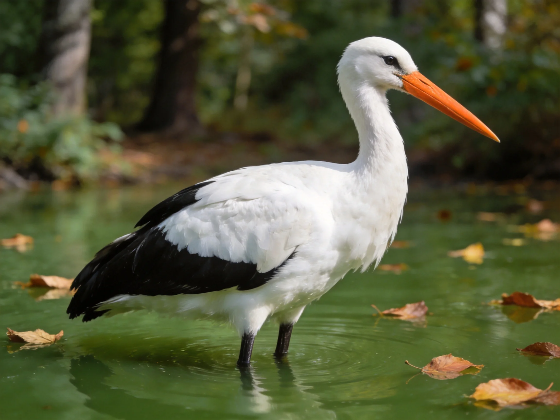 White stork with black wings stands in green water among autumn leaves