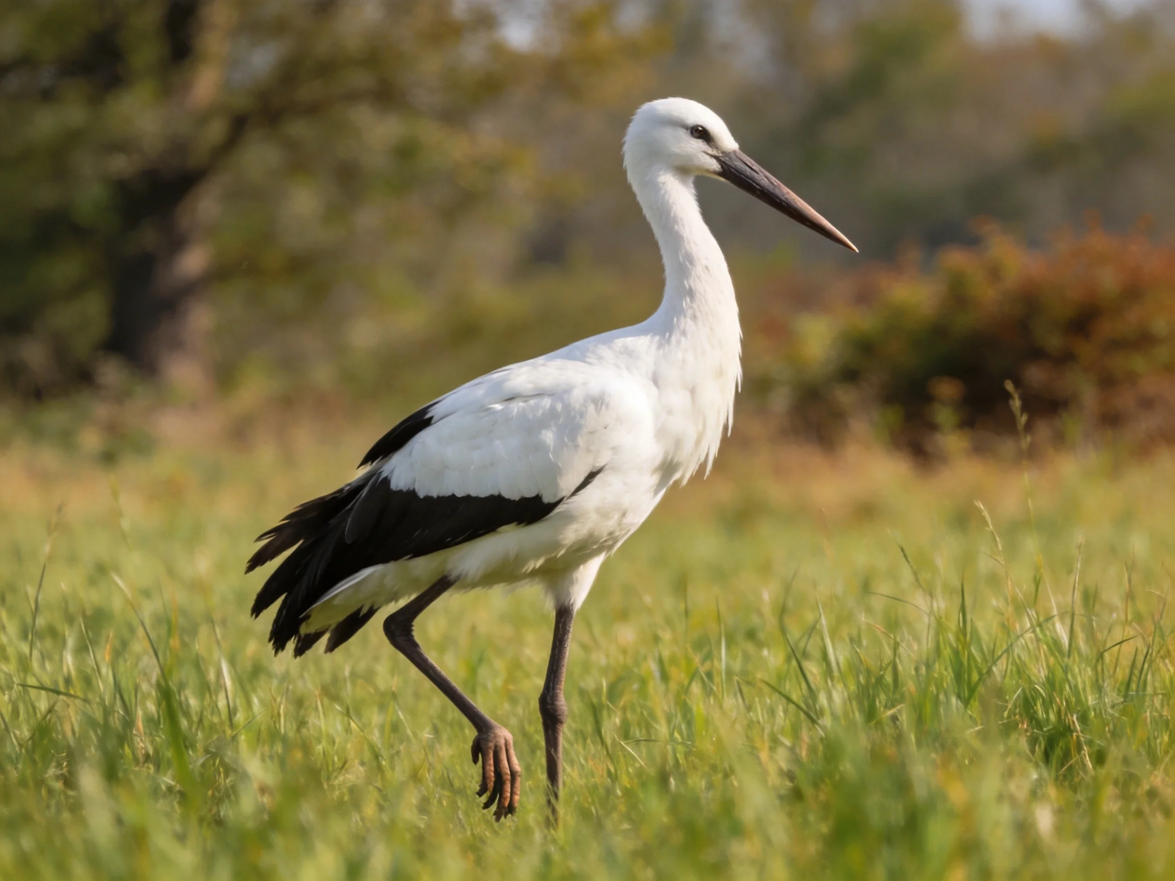 White stork with black wingtips in grassy field
