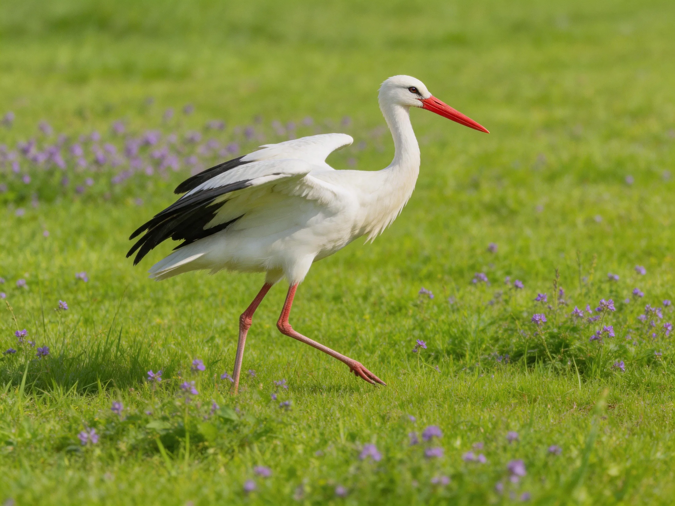 White stork with black wingtips walking through green meadow