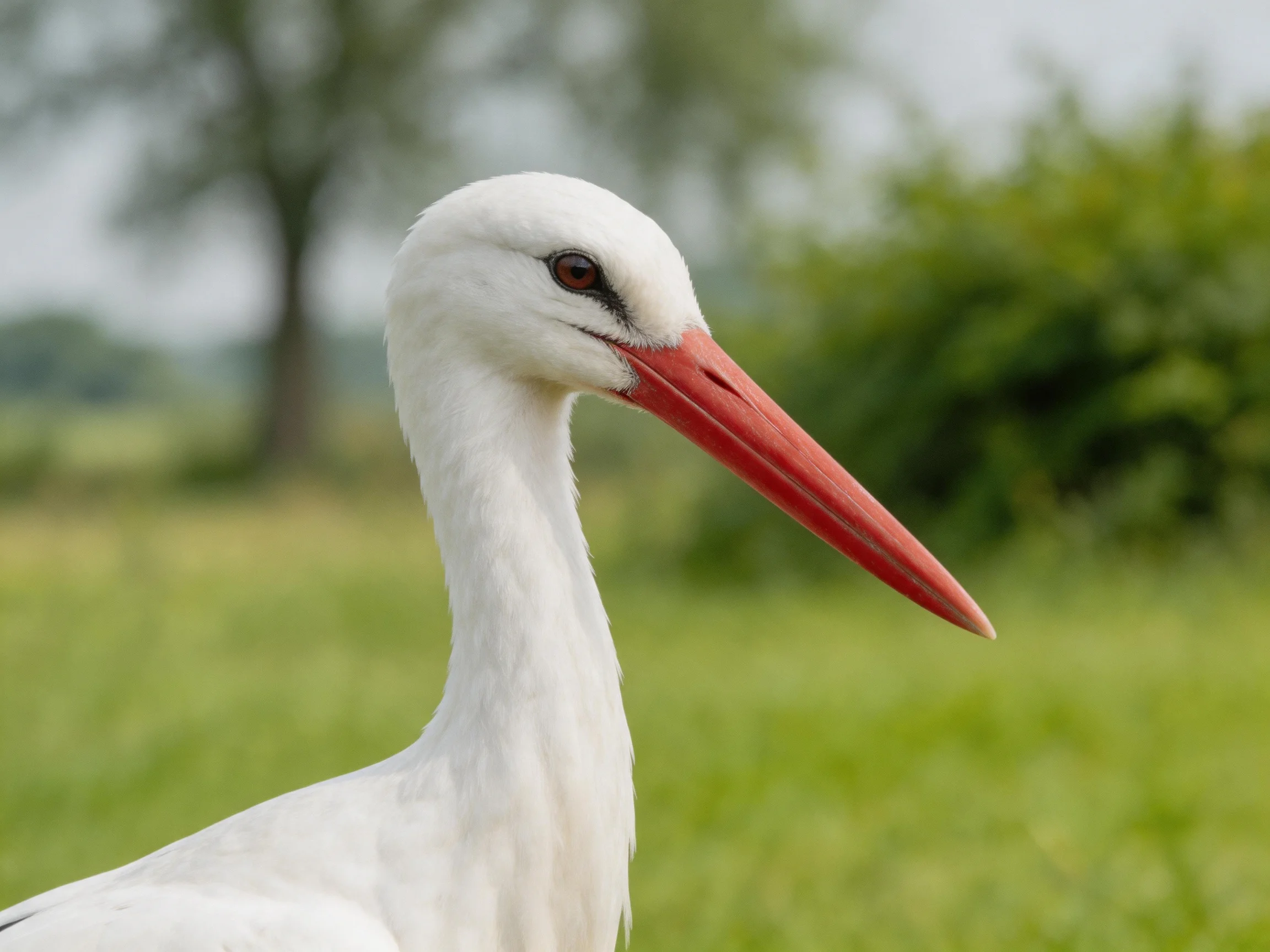 White stork with long red beak in green field