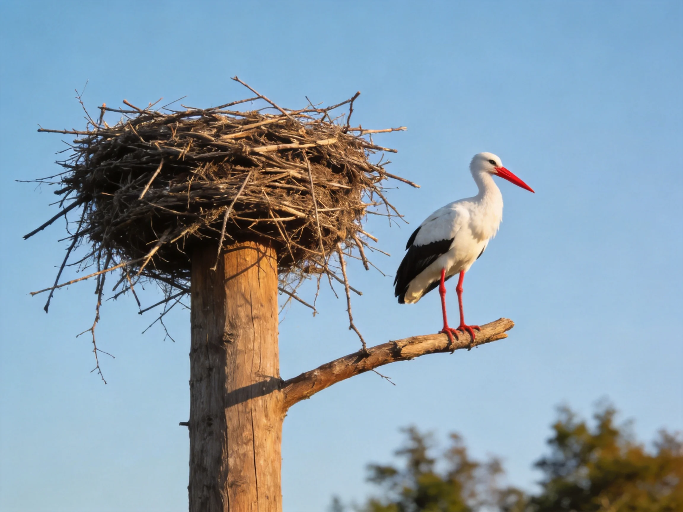 White stork with red beak near twig nest on wooden post