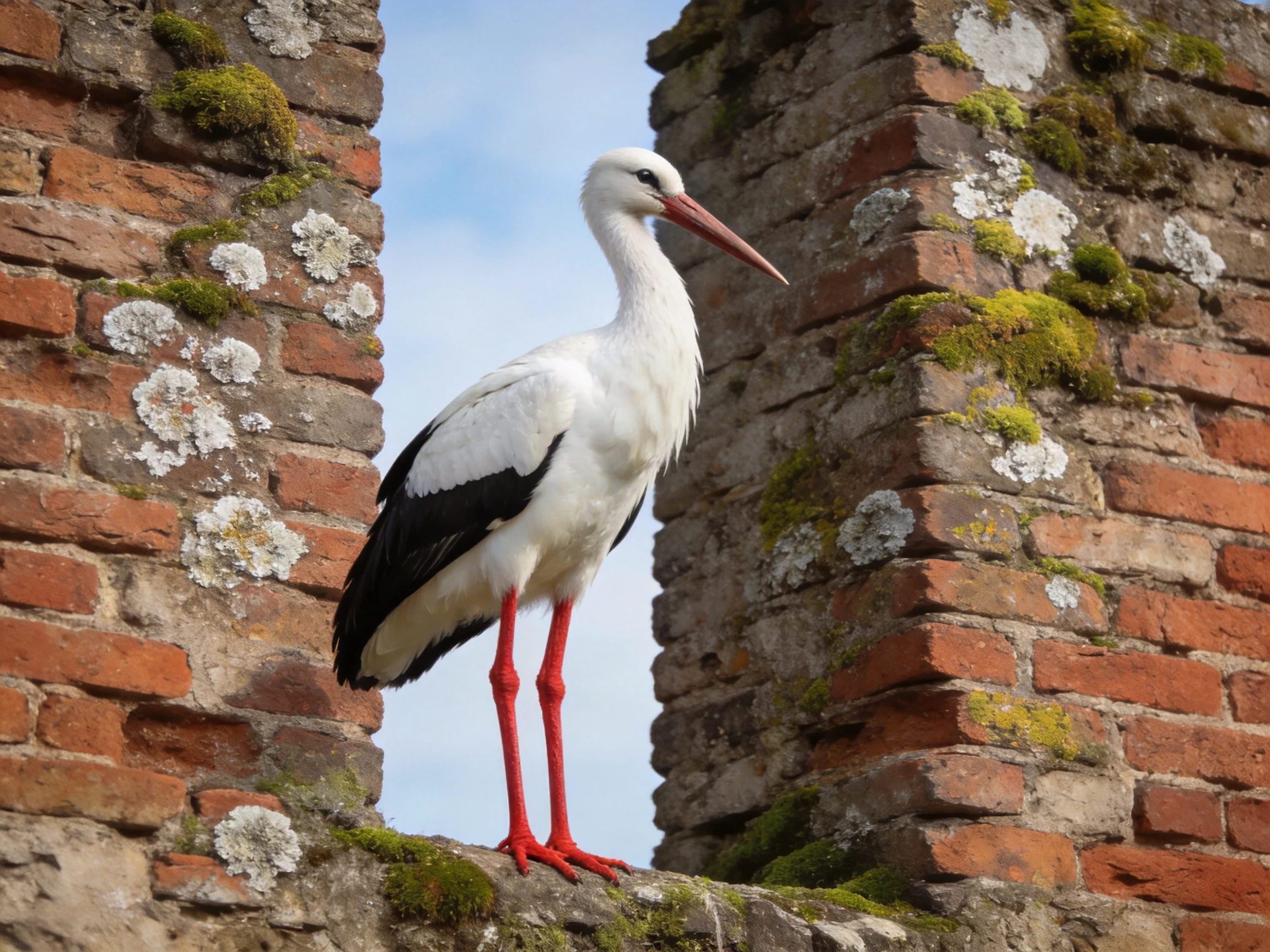 White stork with red legs between mossy ancient brick ruins