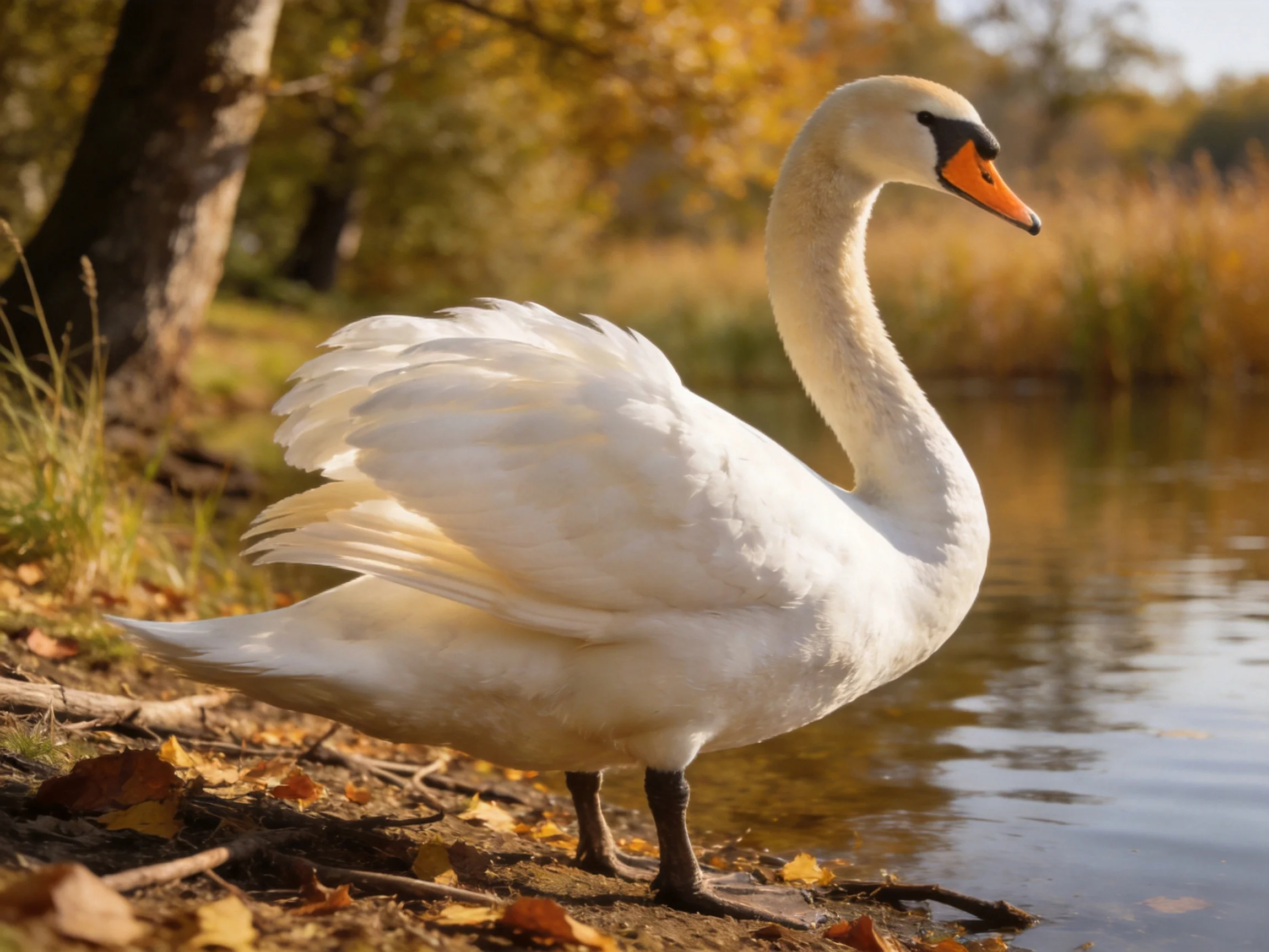White swan by calm pond with golden autumn surroundings
