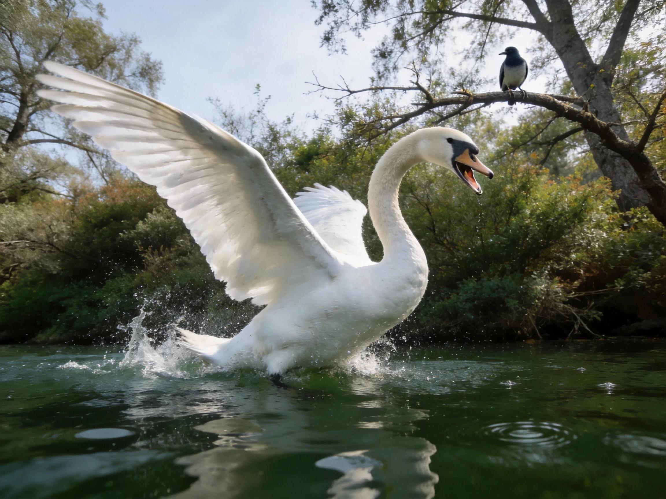 A white swan flaps its wings in green water while a black bird perches on a nearby tree branch.