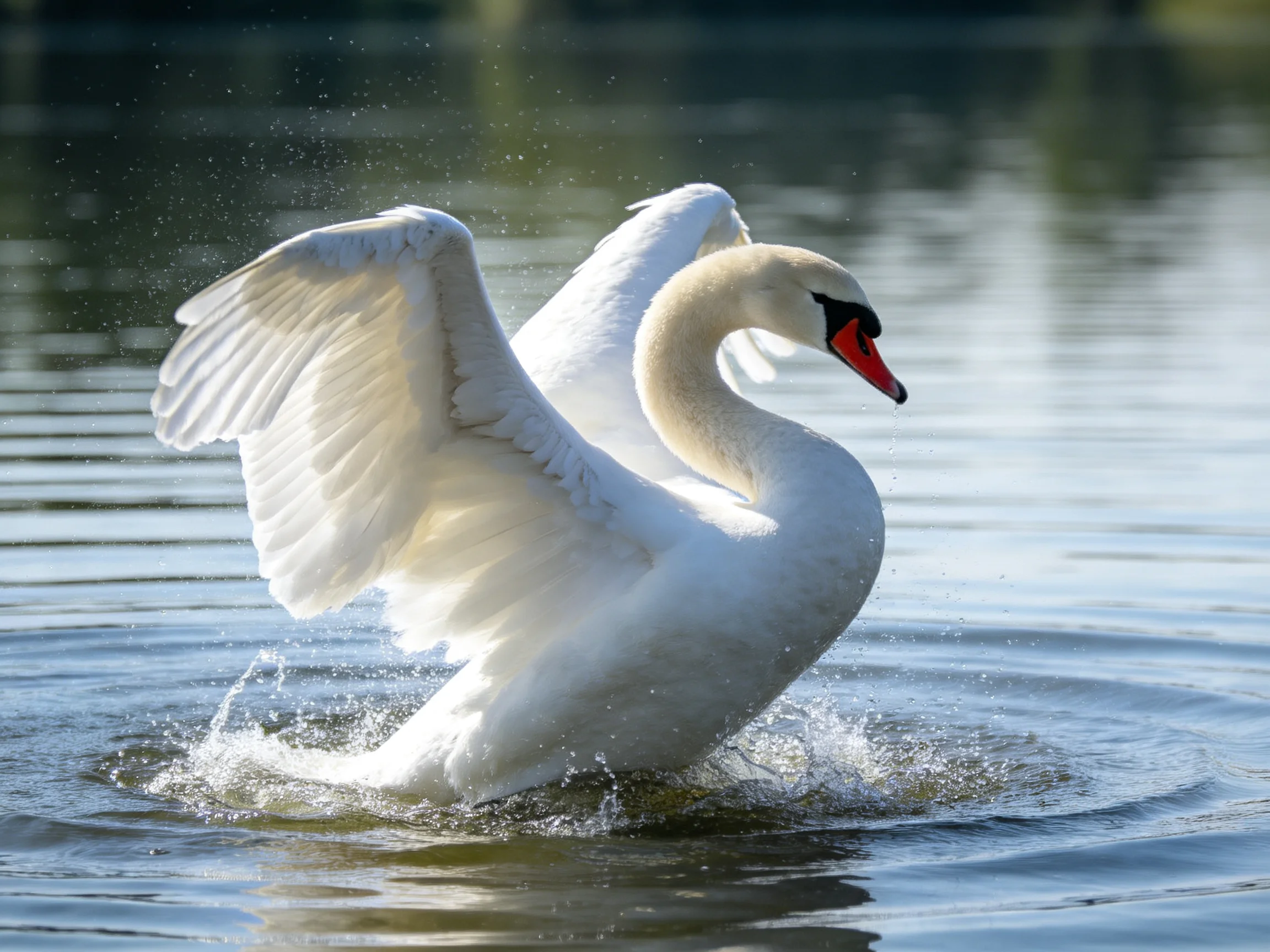 White swan flapping wings in serene blue water