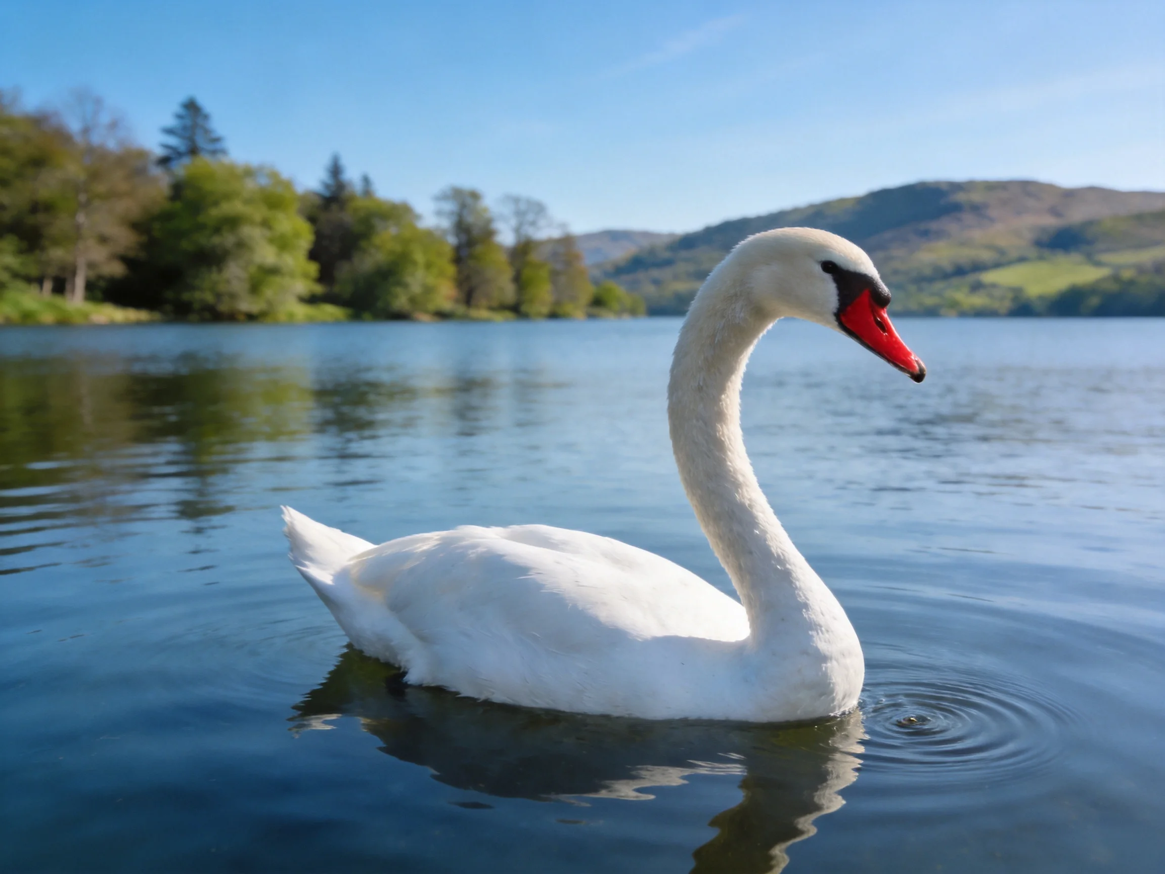 White swan glides on serene blue water
