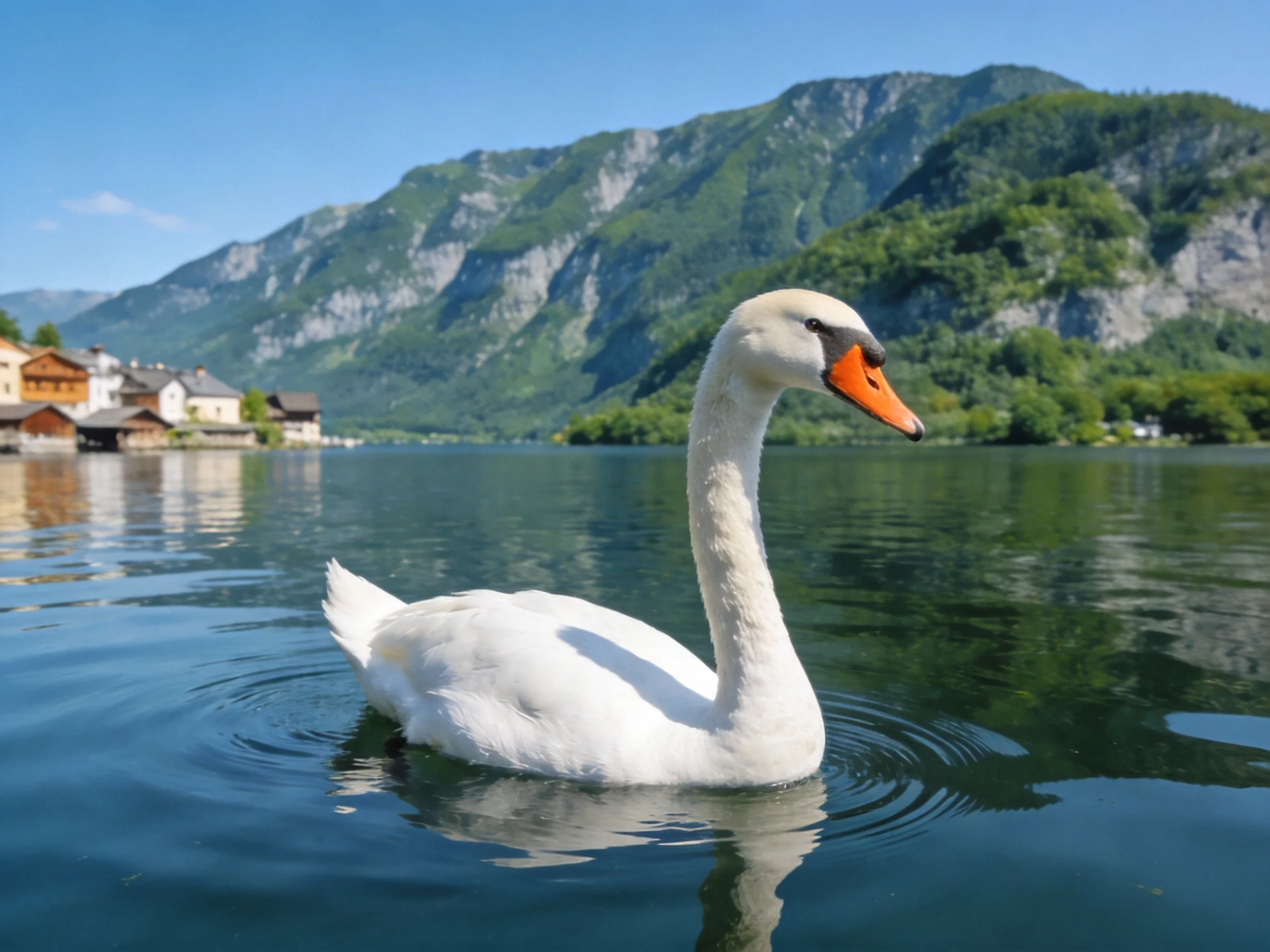 White swan glides over calm lake with mountainous village backdrop