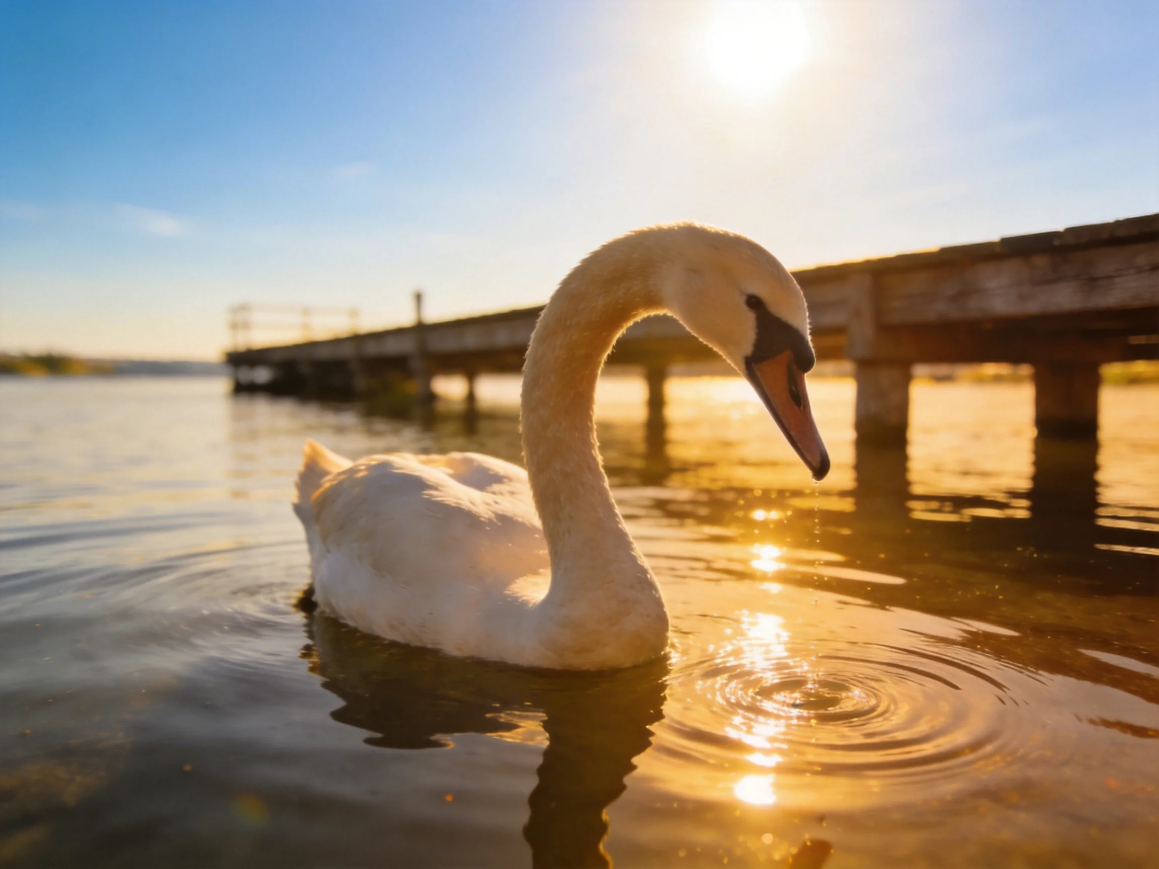White swan gliding near wooden pier at golden hour