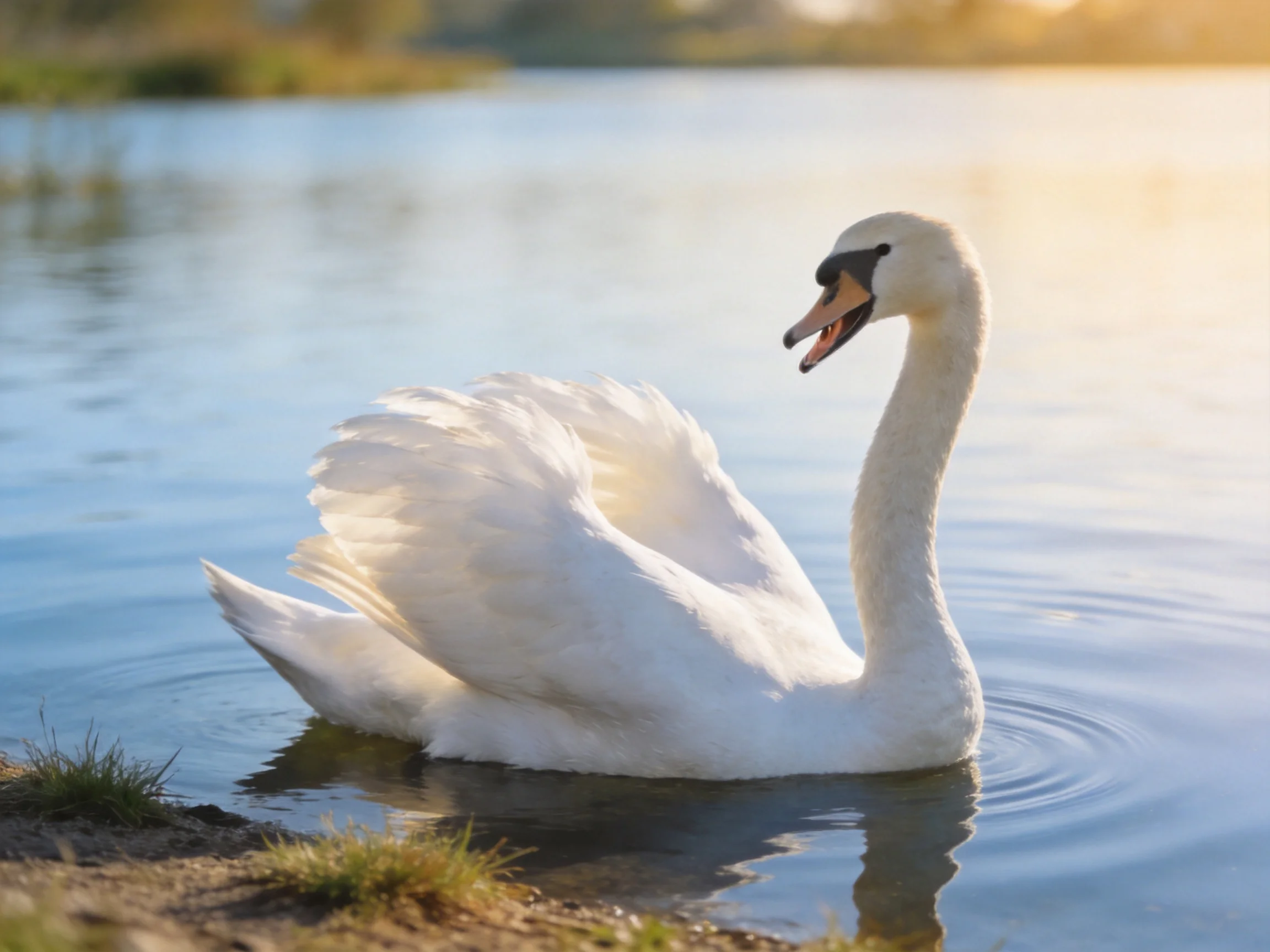 White swan gliding on calm blue water near shore