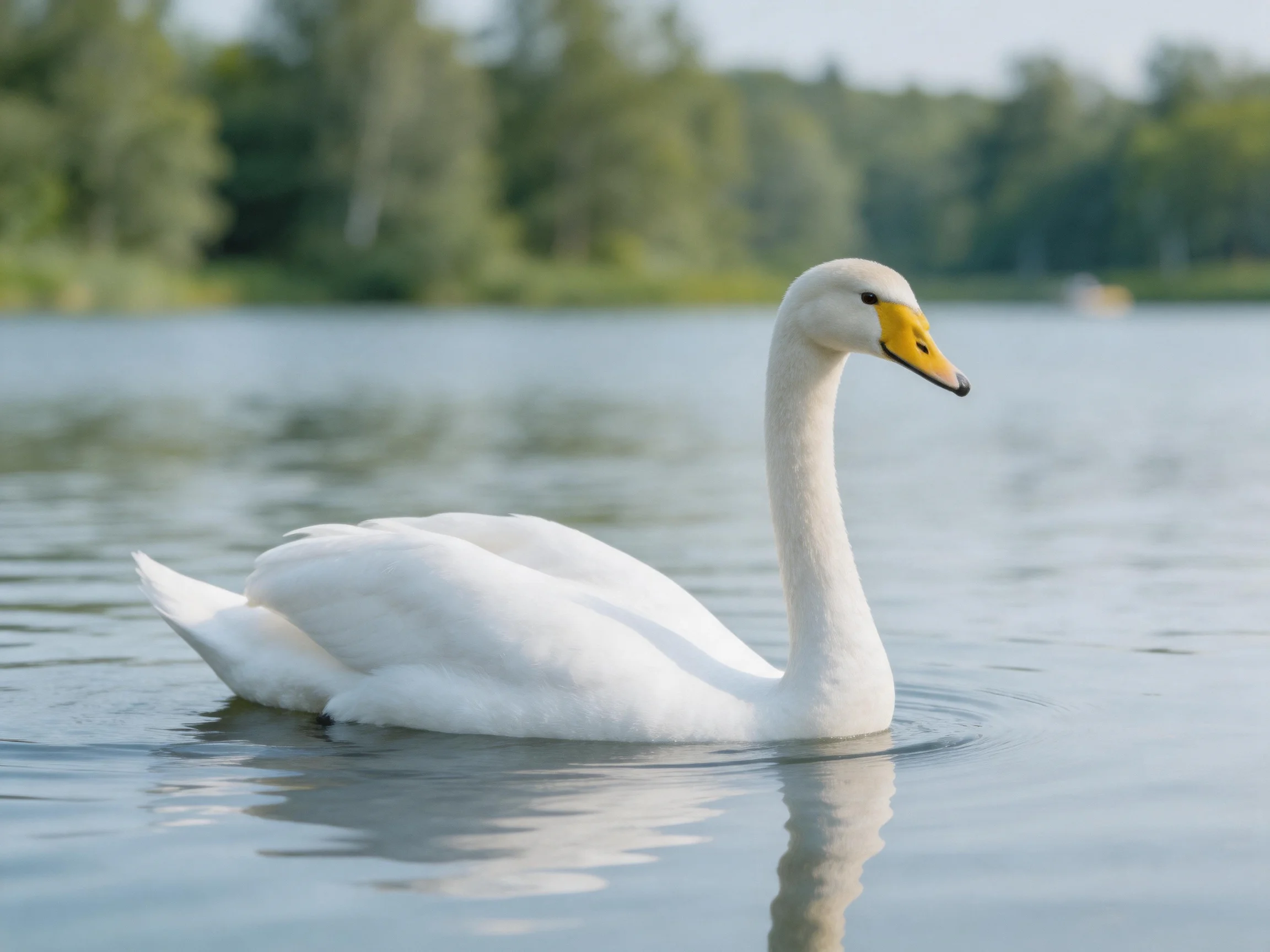 White swan gliding on calm lake with green trees in background