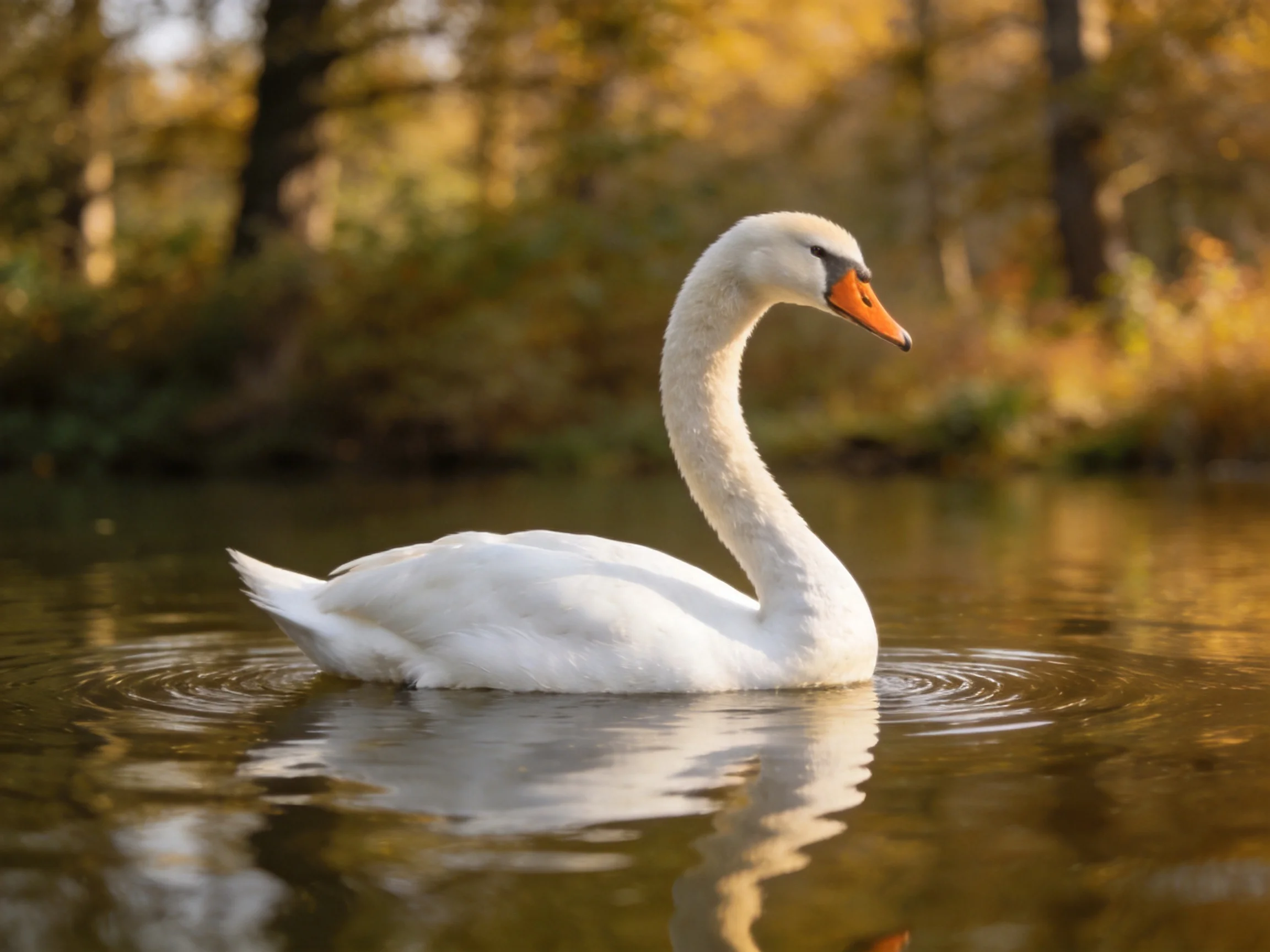 White swan gliding on calm water amid golden foliage