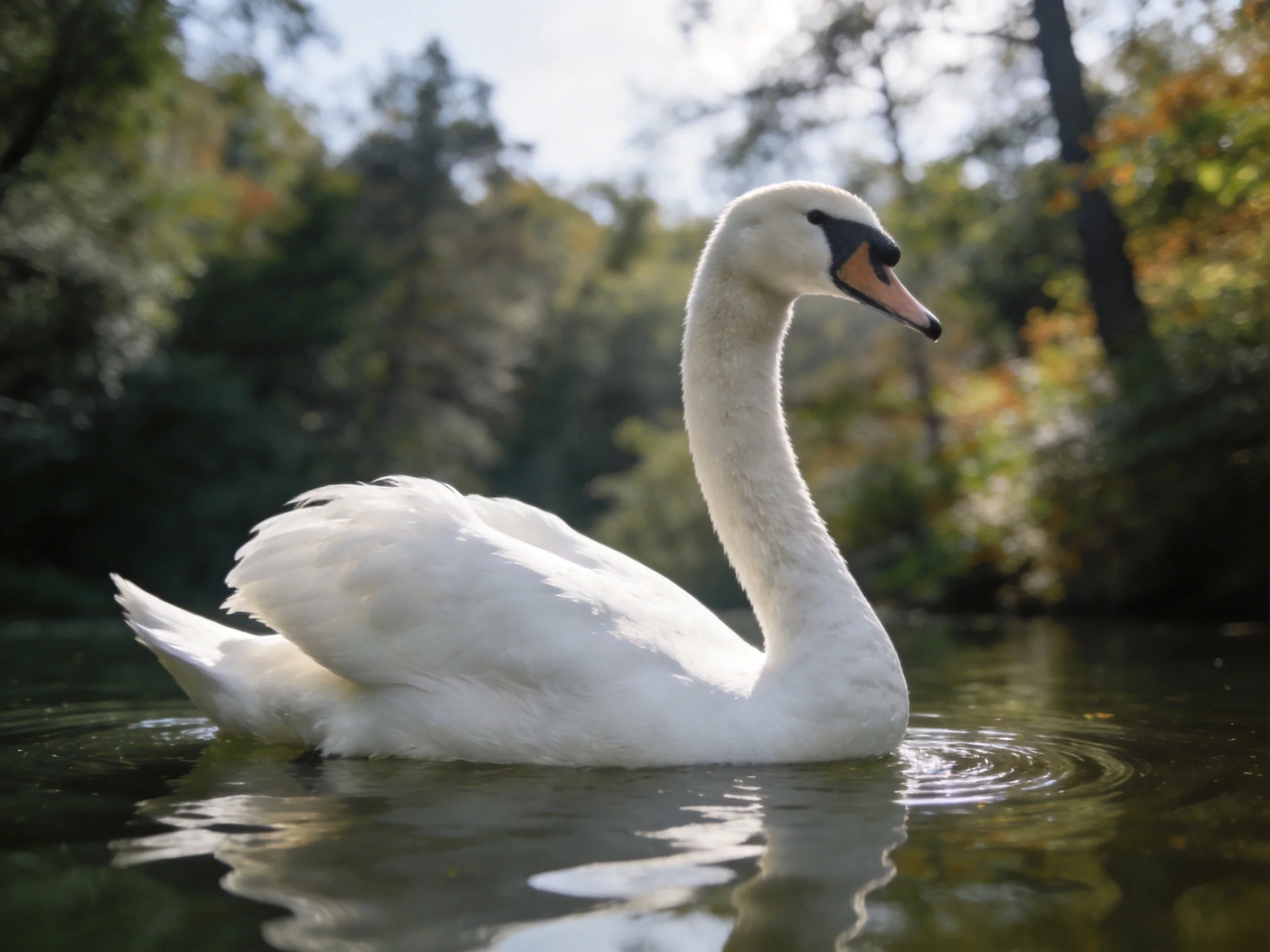 White swan gliding on calm water amid green trees