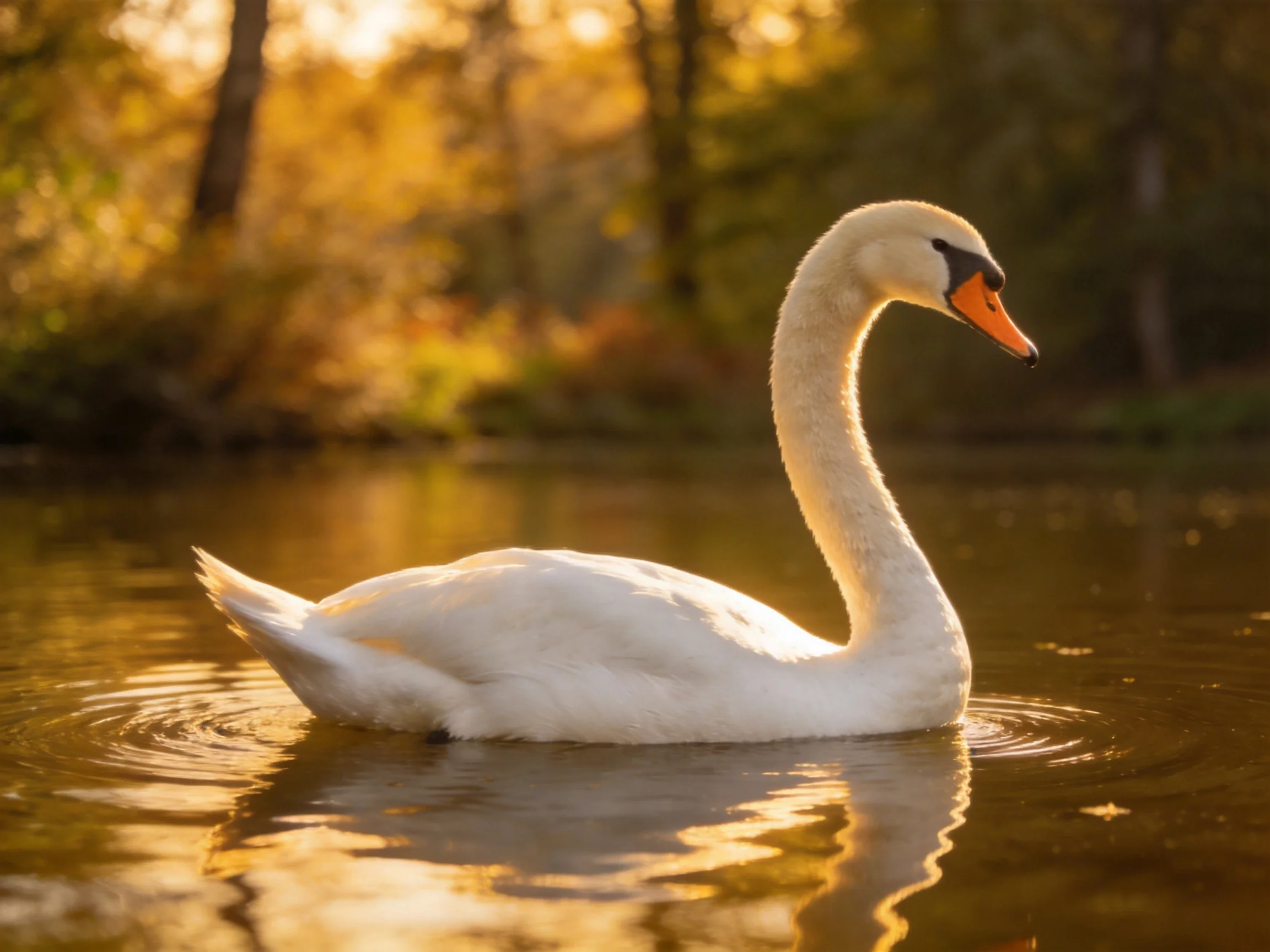 White swan gliding on calm water in golden-hour light