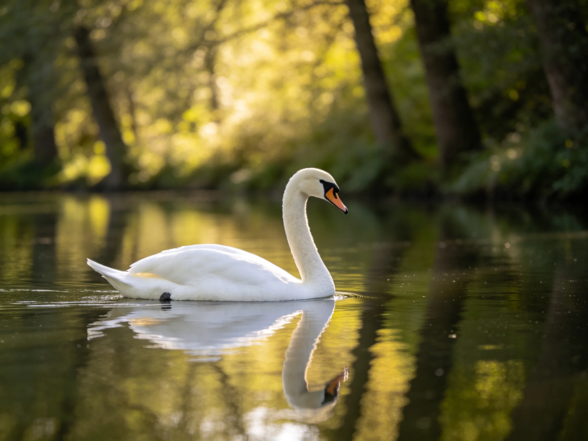 White swan gliding on calm water near sunlit trees