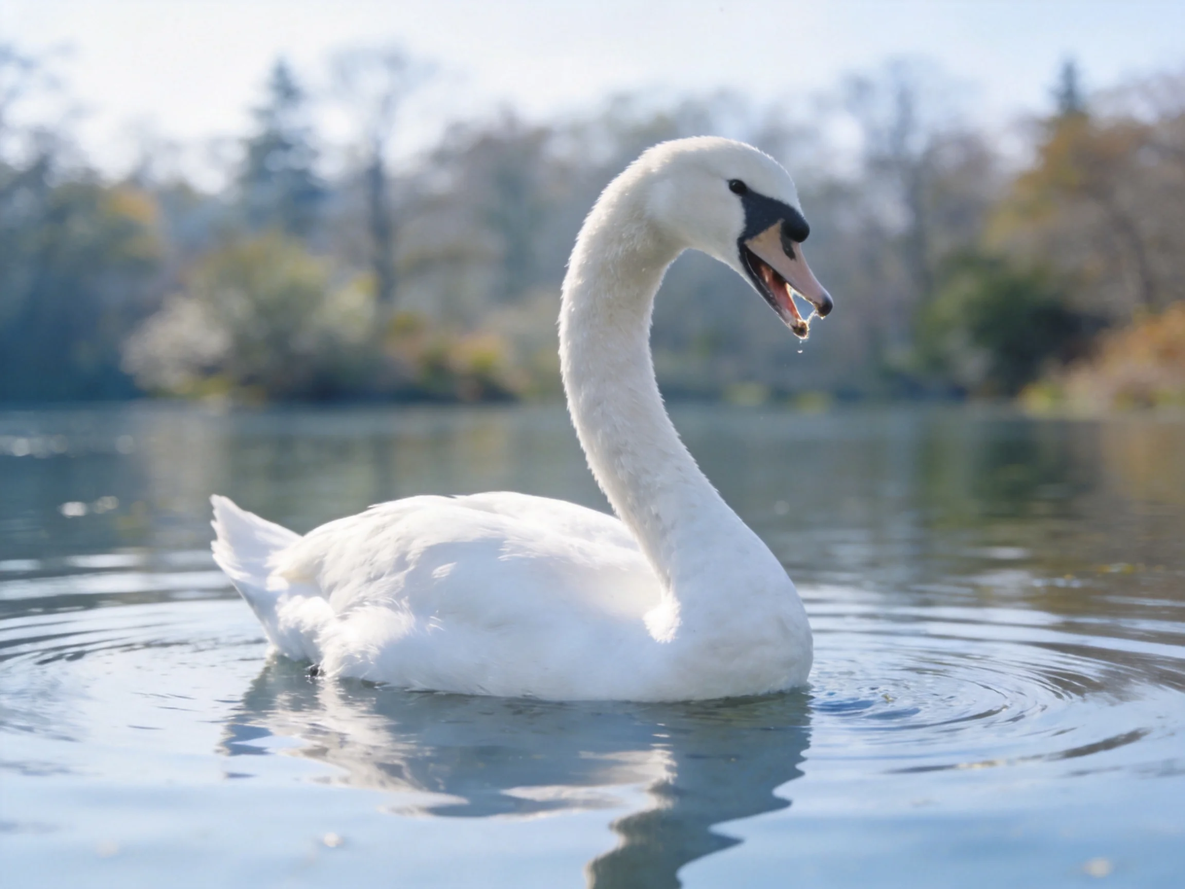 White swan gliding on calm water with blurred green trees