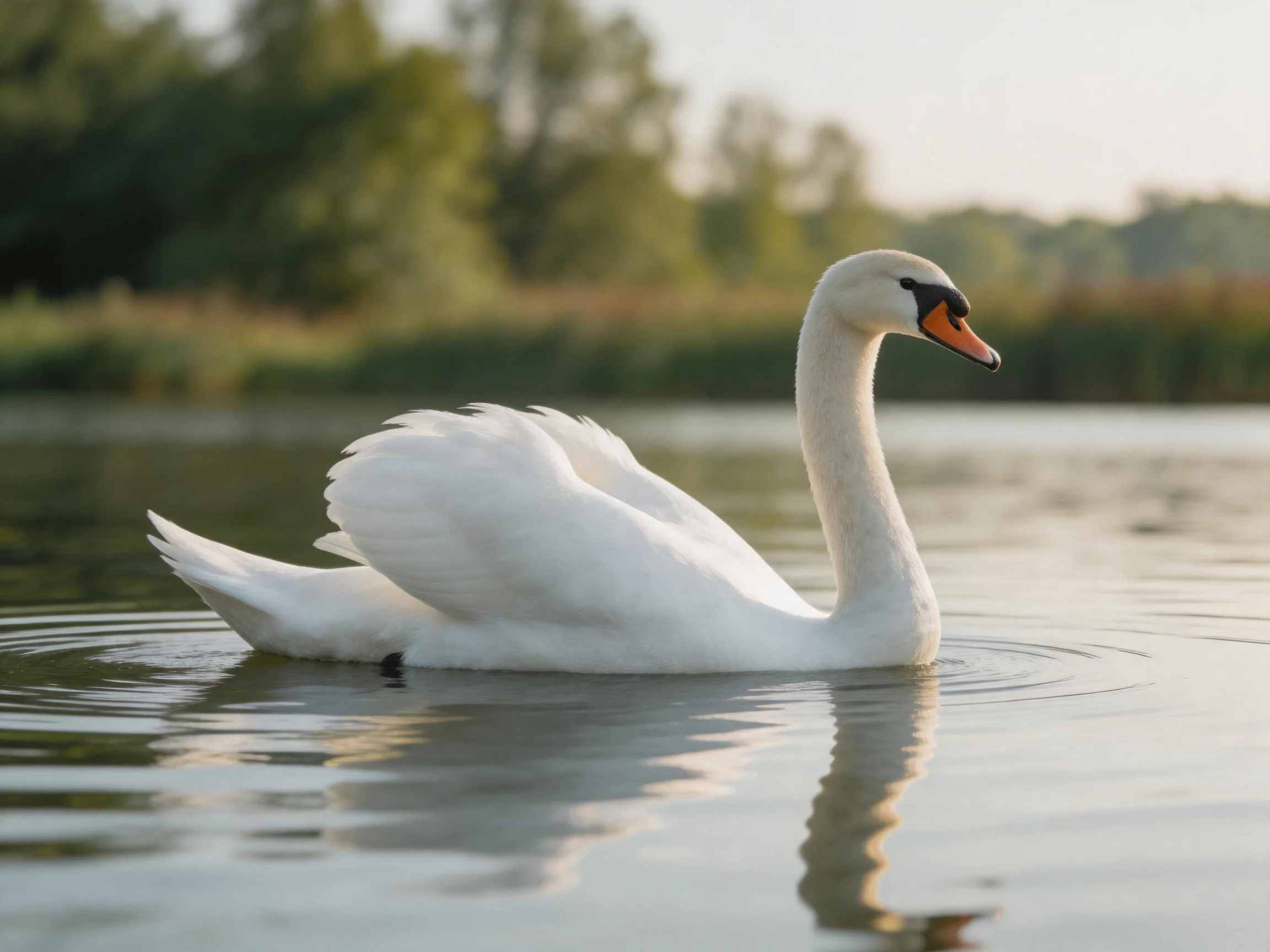 White swan gliding on calm water with green foliage in the distance