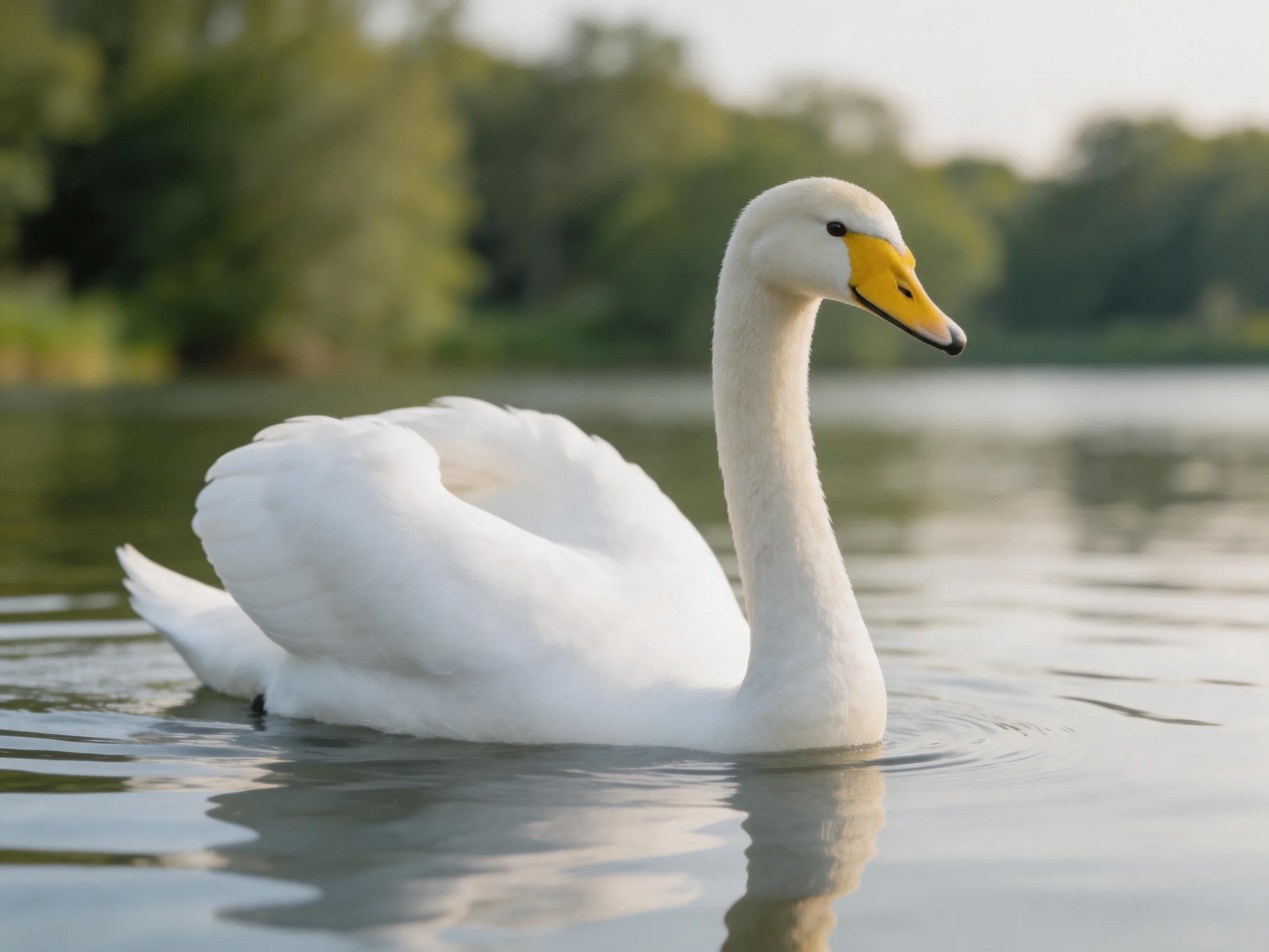 White swan gliding on calm water with yellow beak