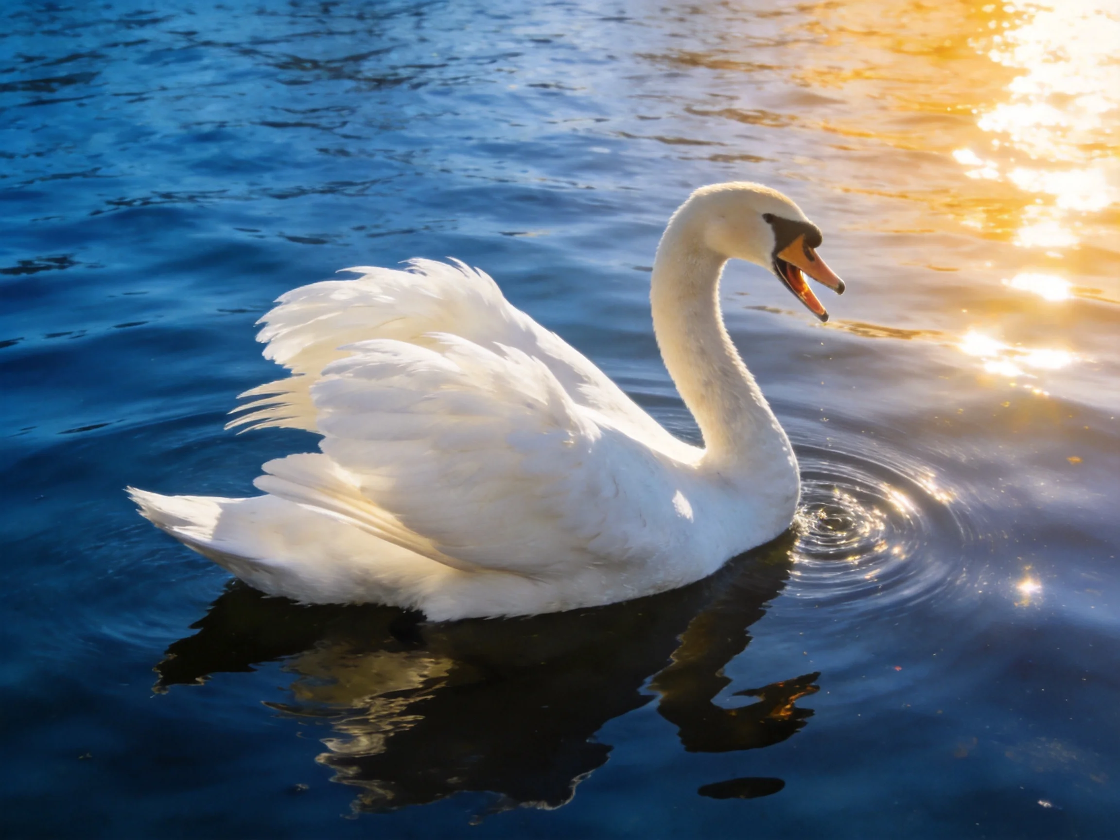 White swan gliding on deep blue water with golden sunlight