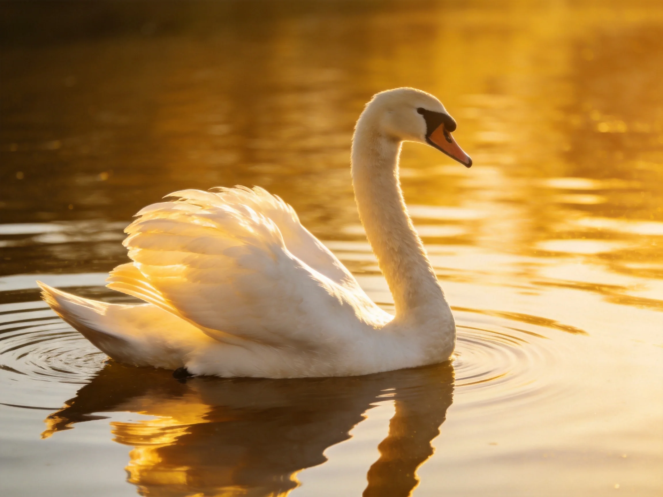 White swan gliding on golden water at golden hour