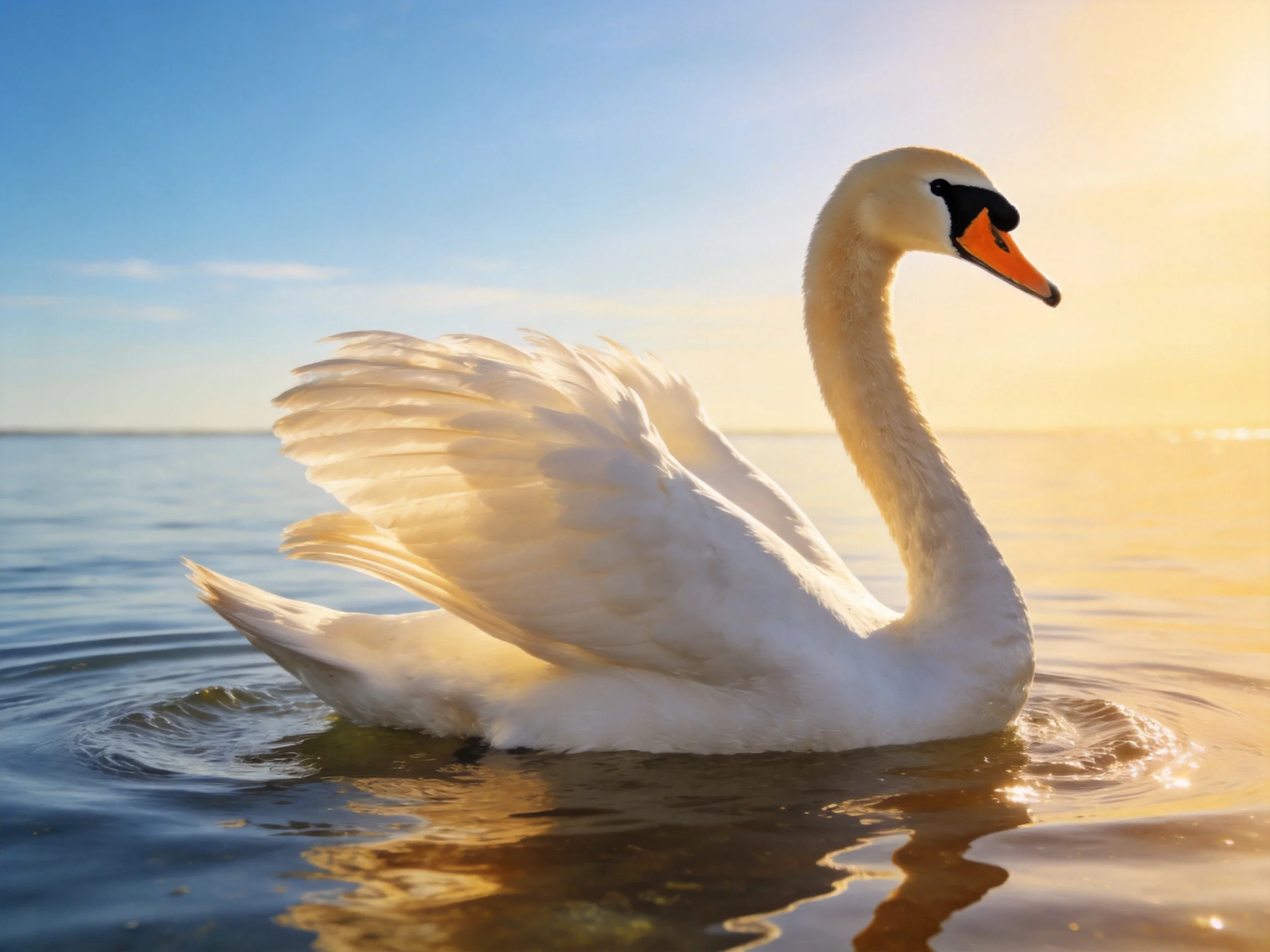 White swan gliding on golden water