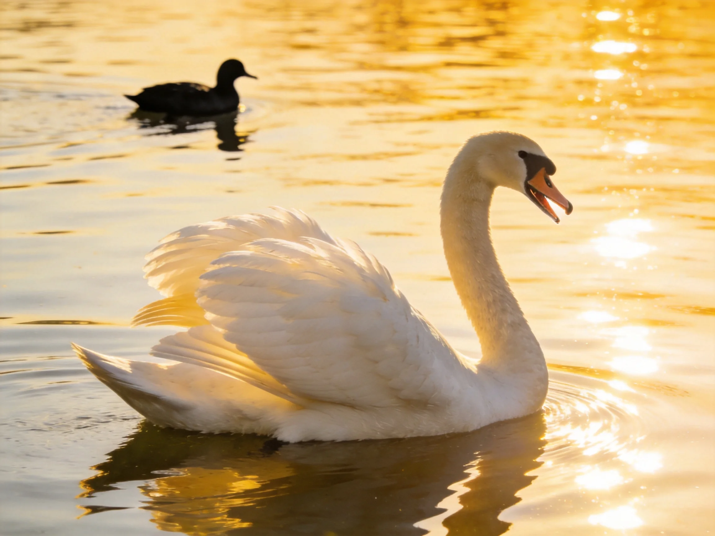 White swan gliding on golden water with black duck nearby