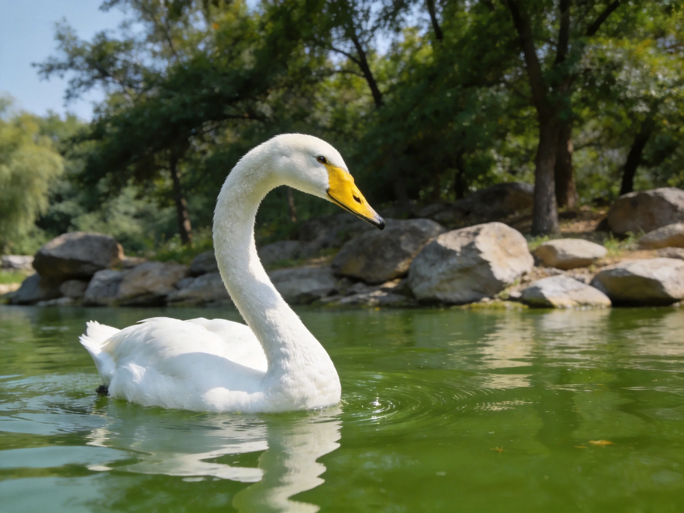 White swan gliding on green water near rocky shore with trees