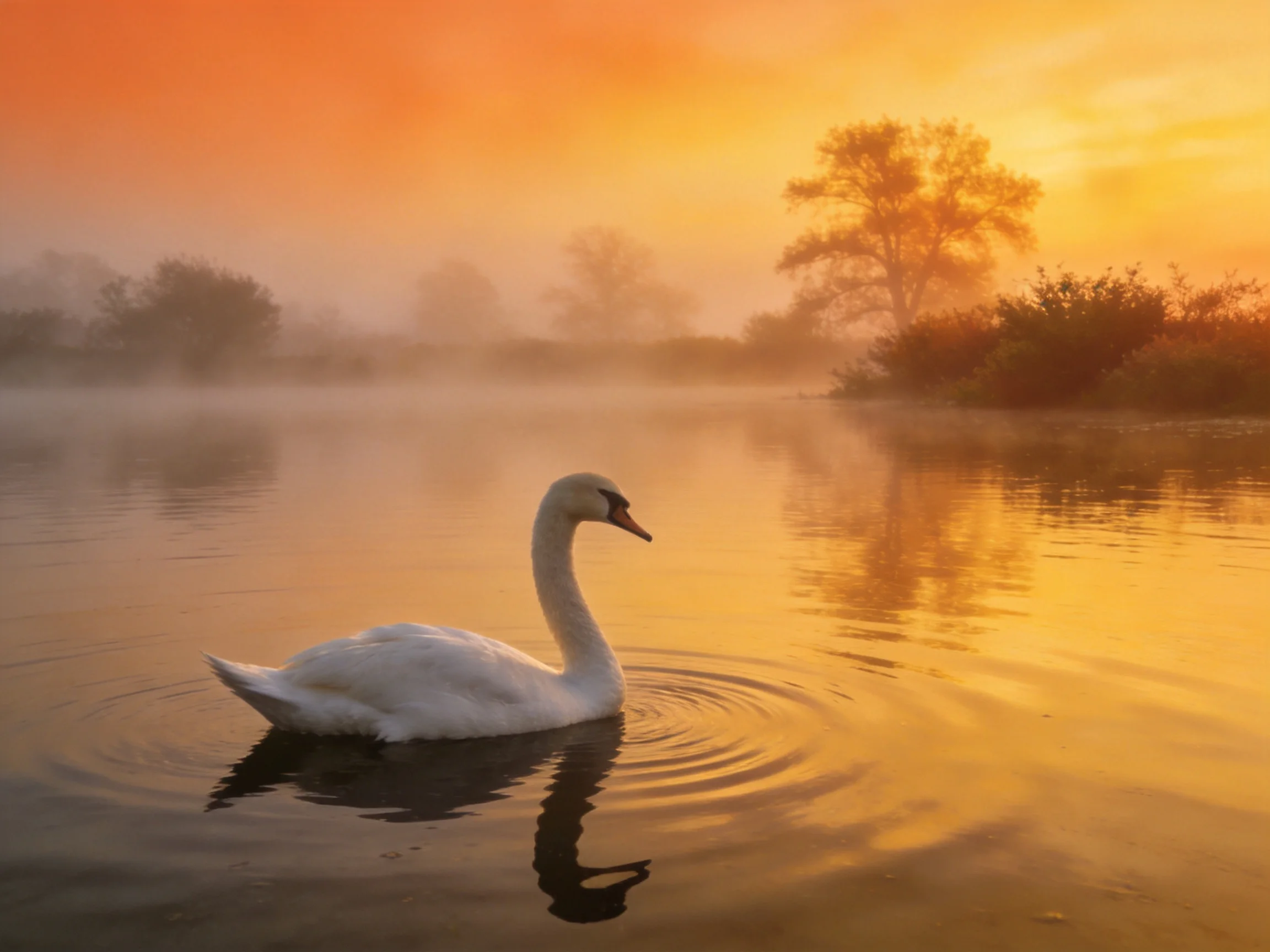 White swan gliding on misty golden waters at dawn
