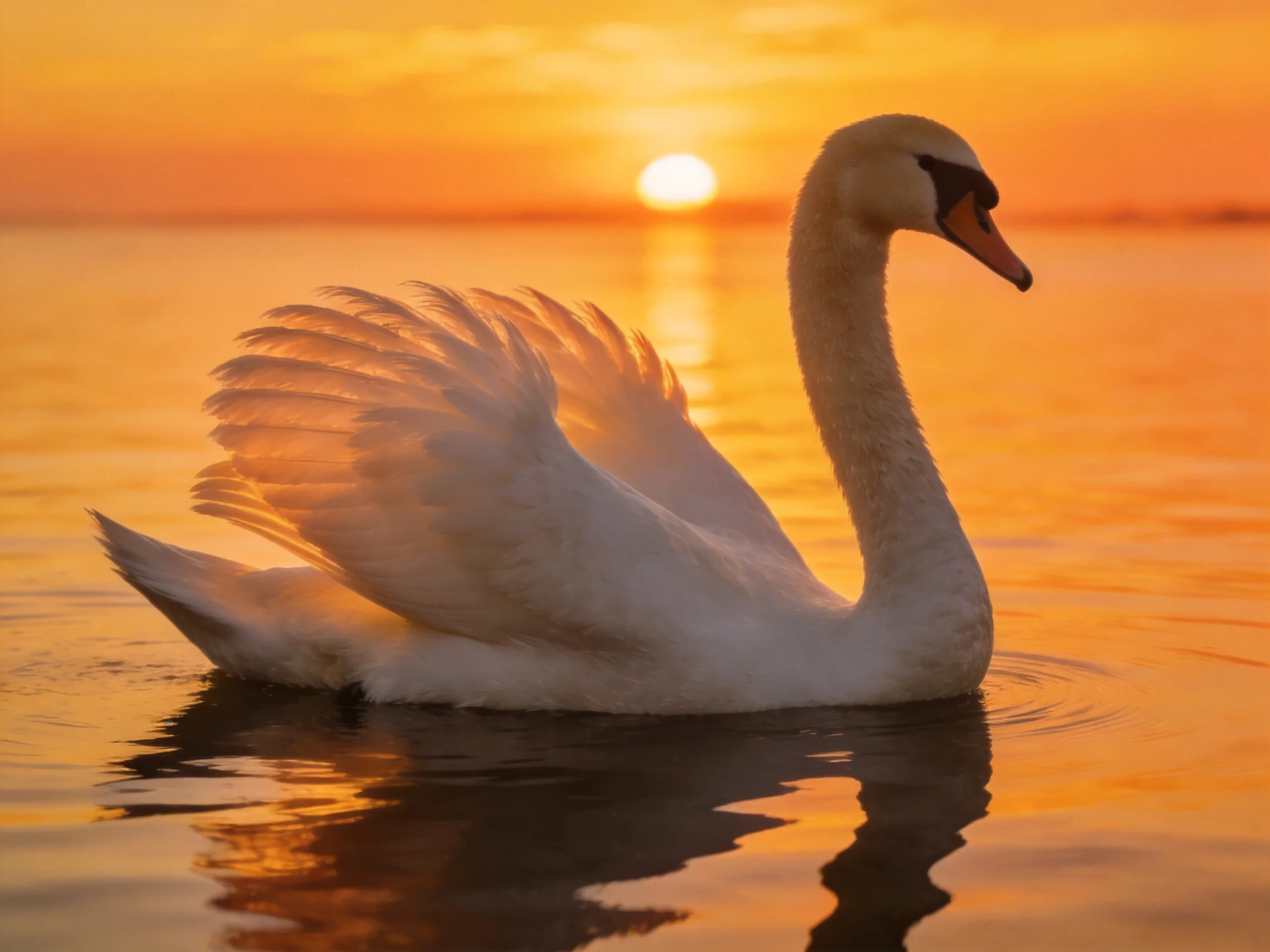 White swan gliding on orange-hued water at sunset