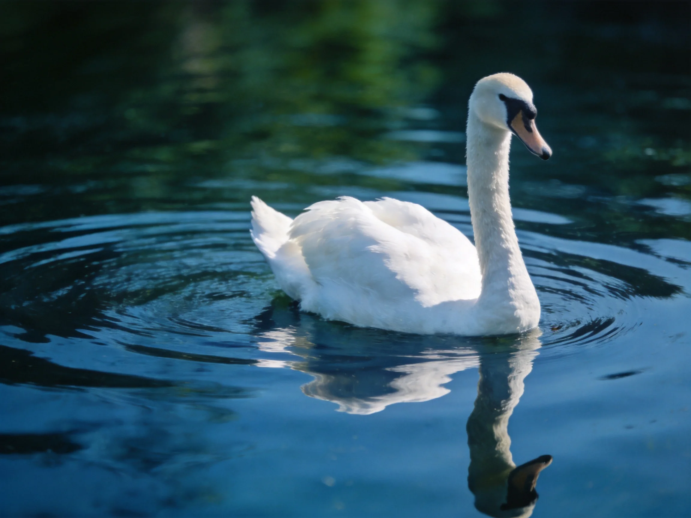 White swan gliding on serene blue water