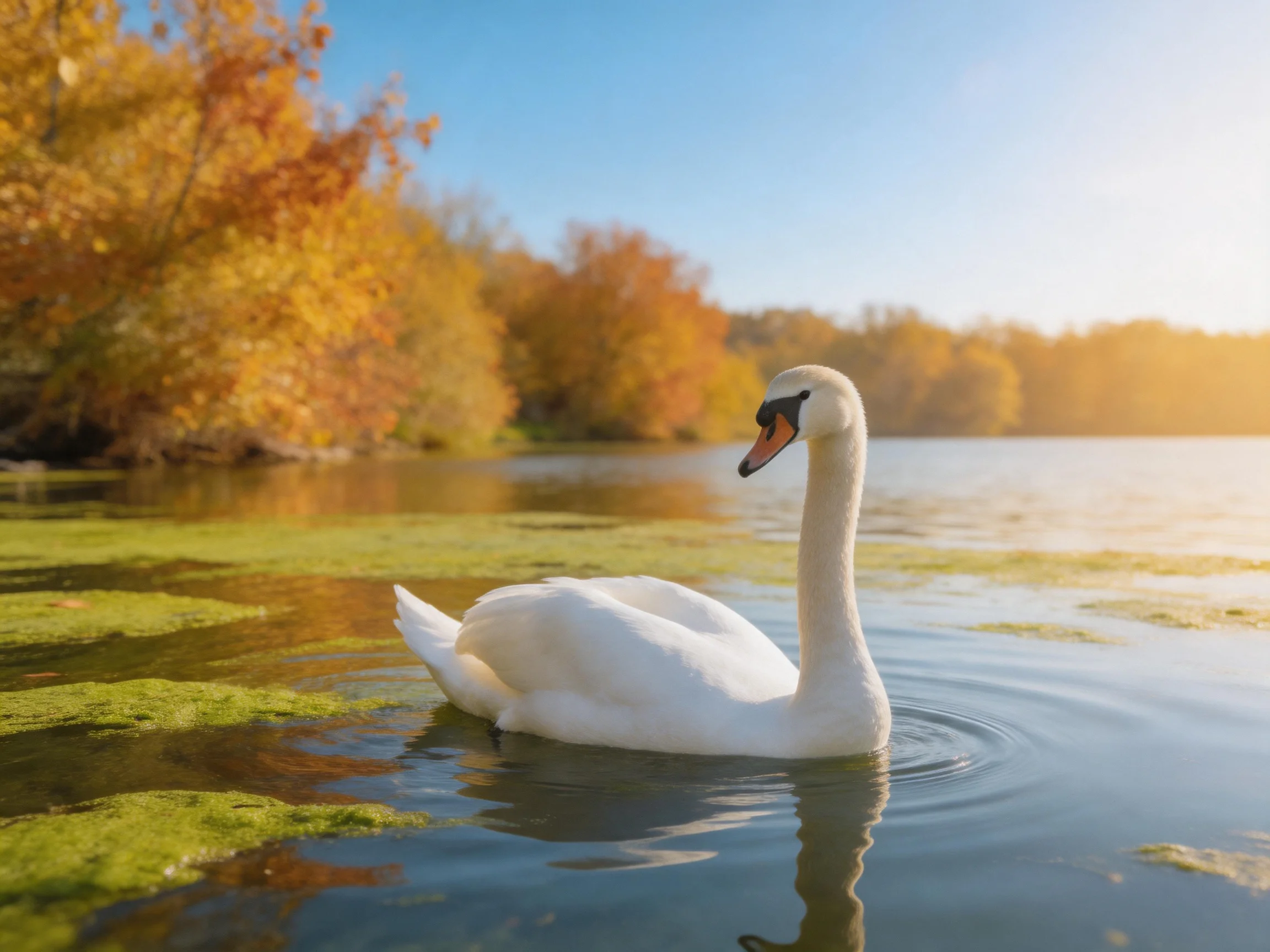 White swan gliding through calm waters near golden autumn trees