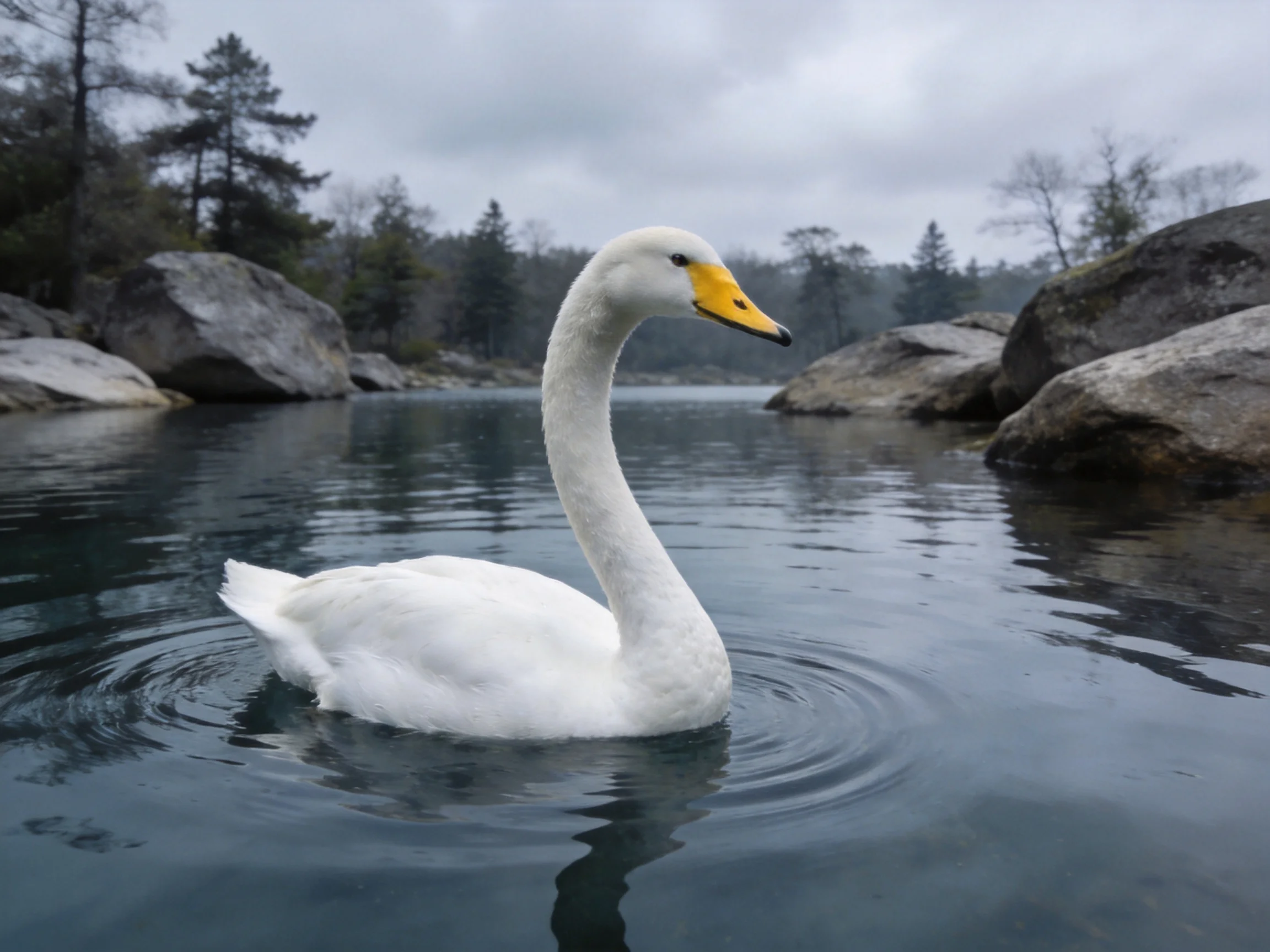 White swan gliding through calm waters near large rocks