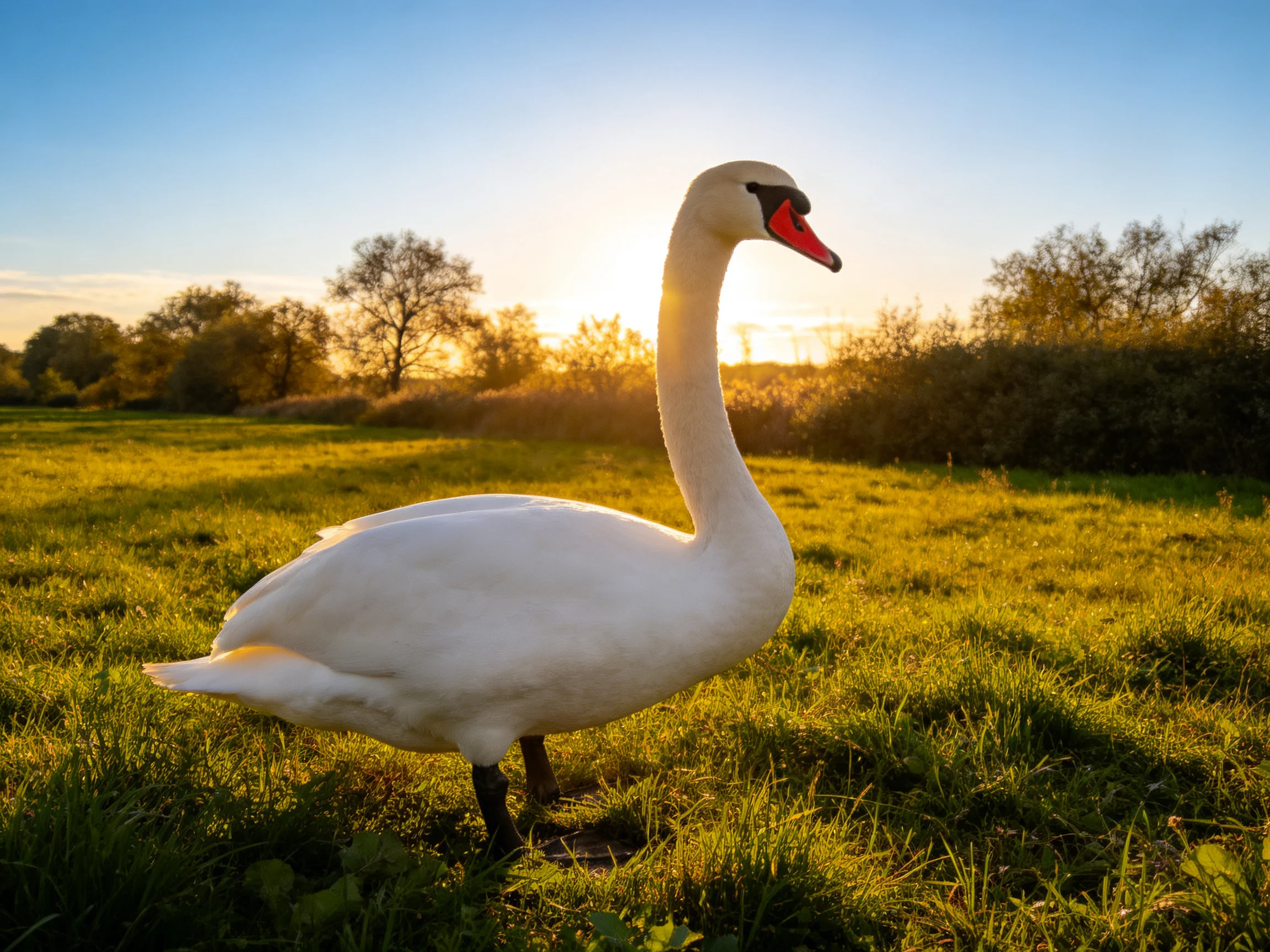White swan in golden grassland at sunset