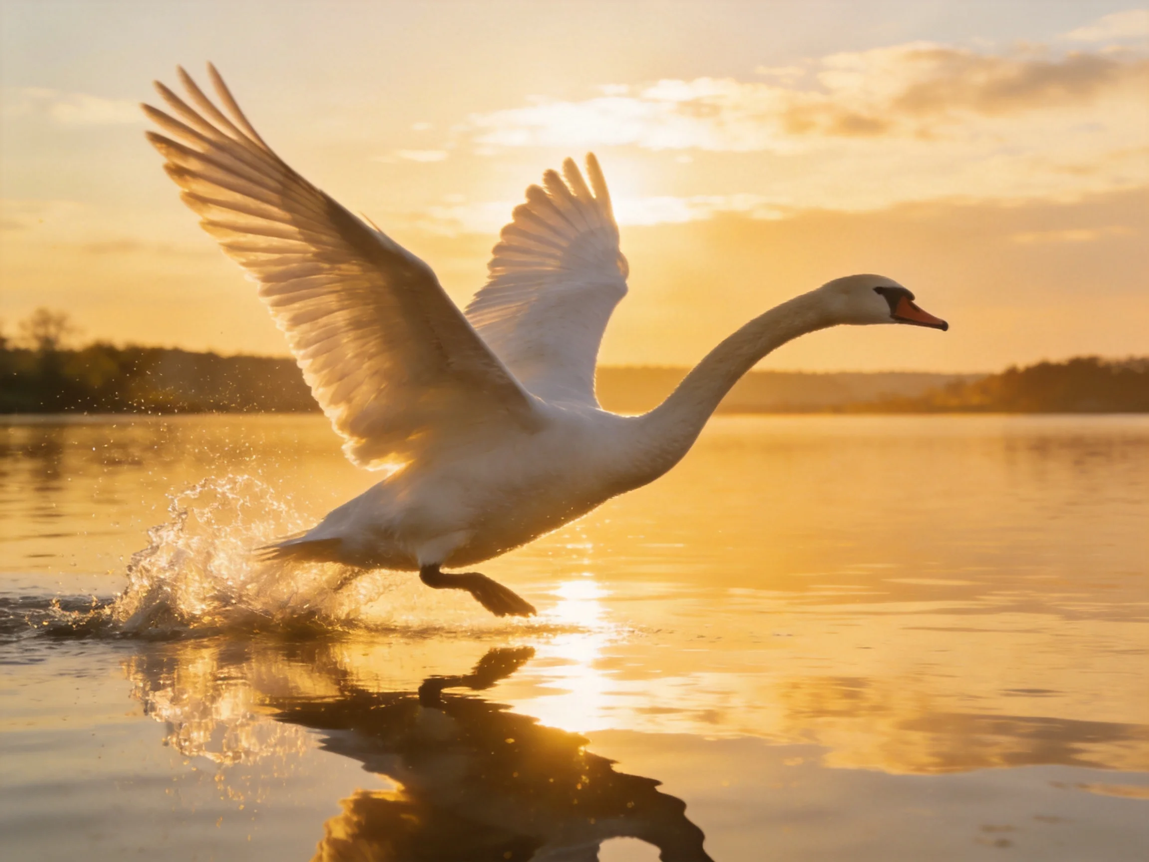 White swan launching from golden lake waters at sunset