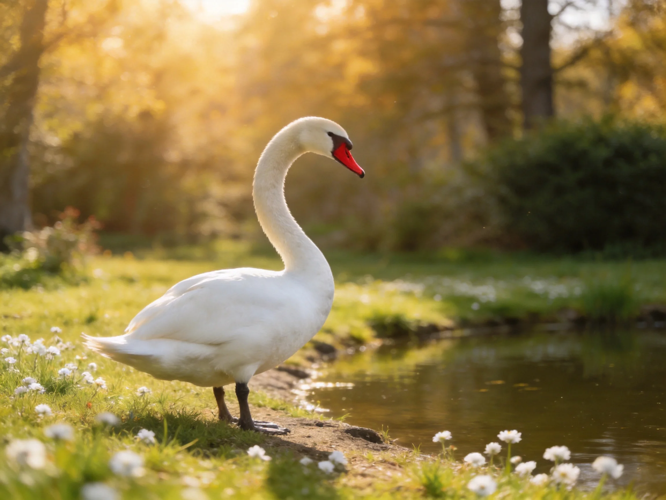 White swan near sunlit pond with greenery and flowers