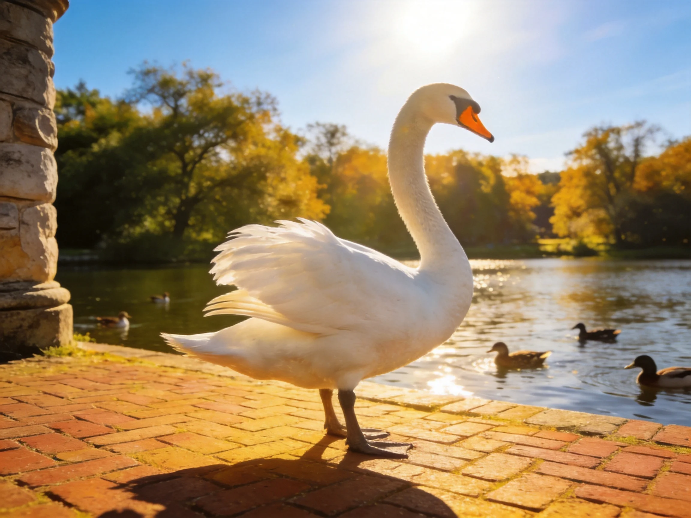 White swan on brick path by sunlit lake with ducks