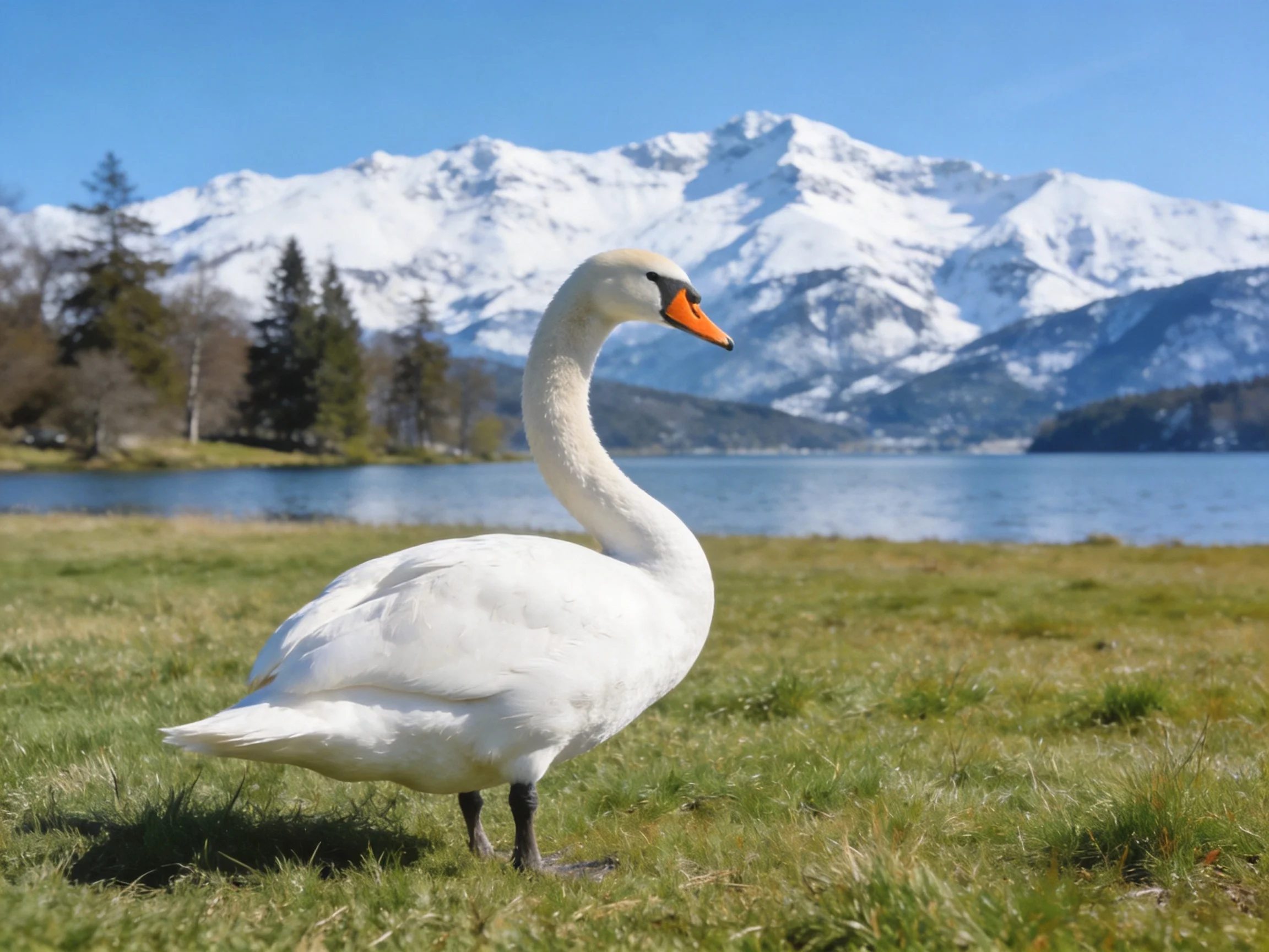 White swan on green grass by a lake with snowy mountains