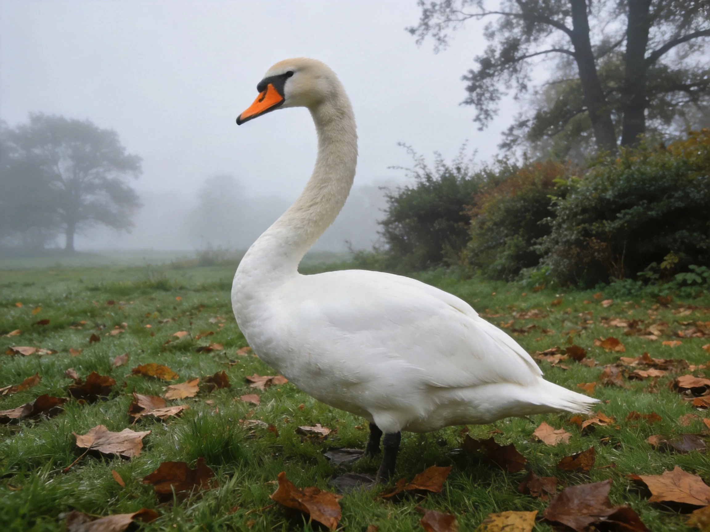 White swan on leaf-strewn grass in foggy landscape
