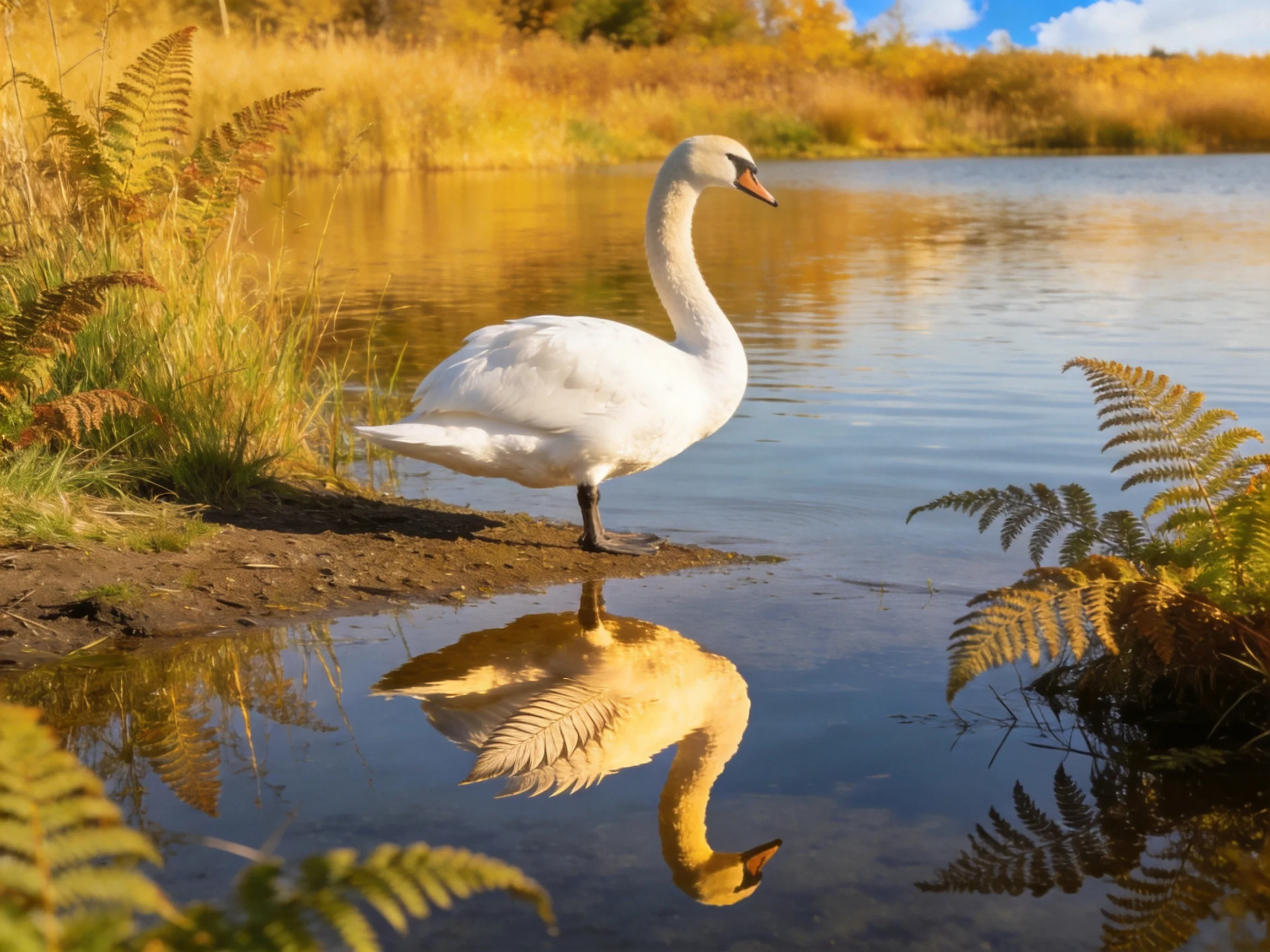 White swan on shore with golden reflection and ferns
