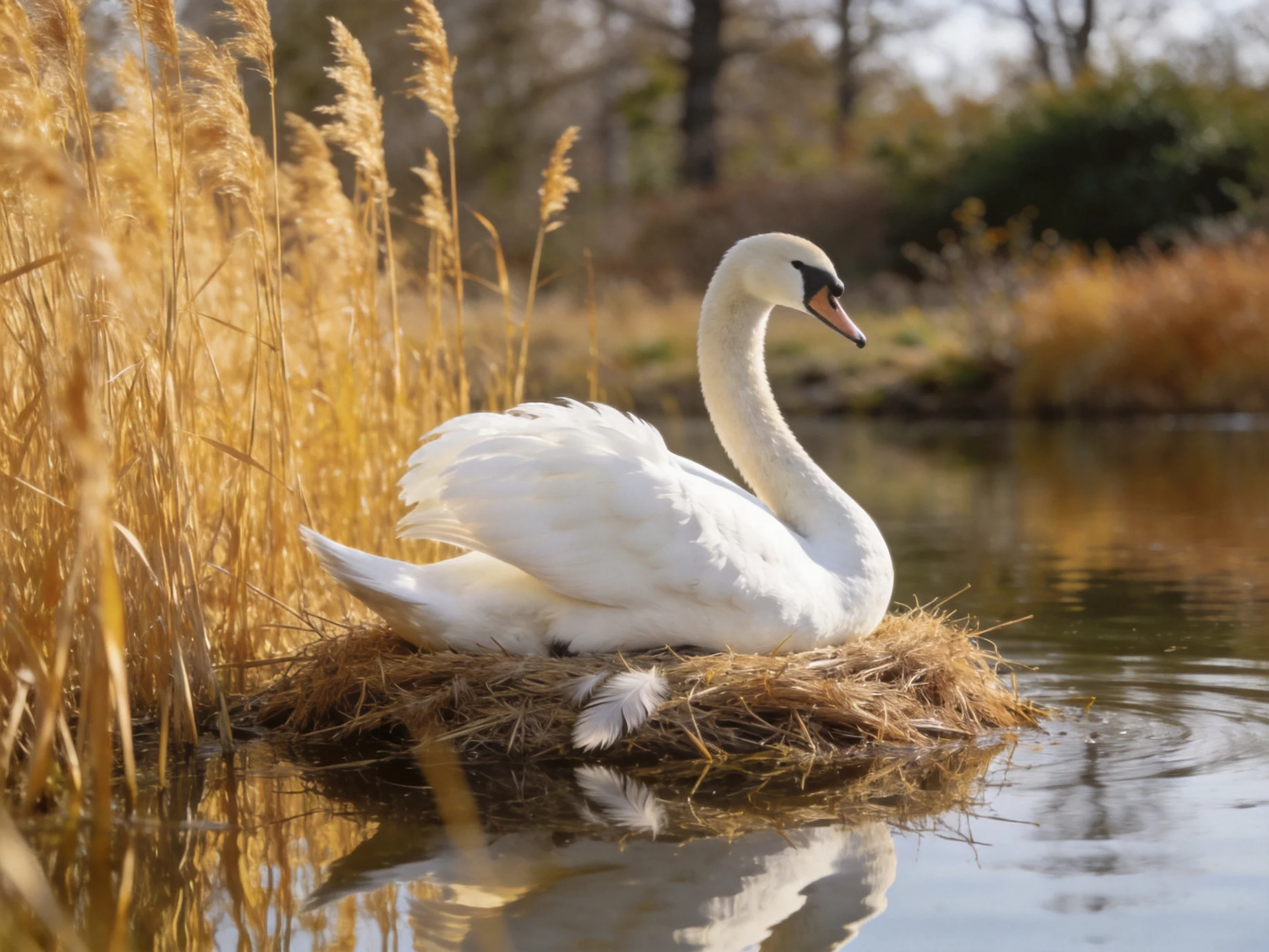 White swan resting on reed nest by calm water
