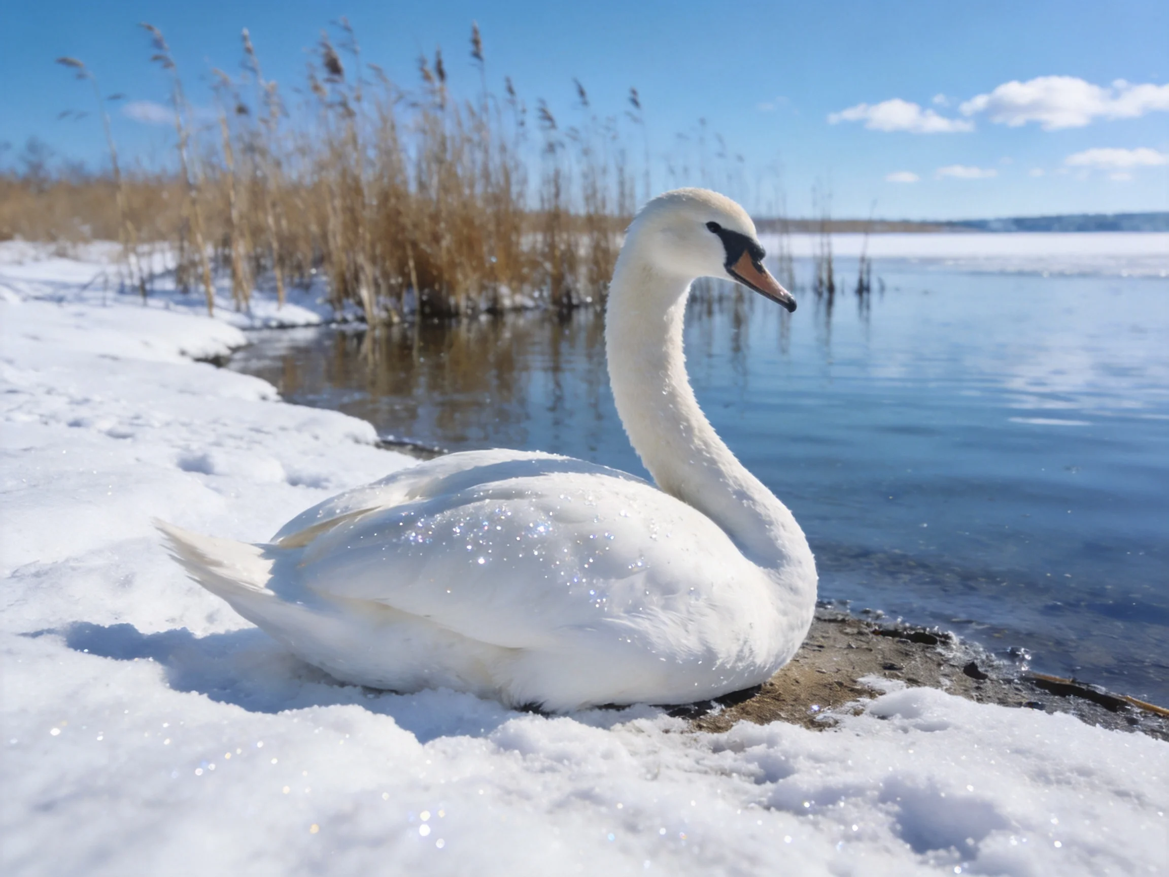 White swan rests by icy shore with tall reeds