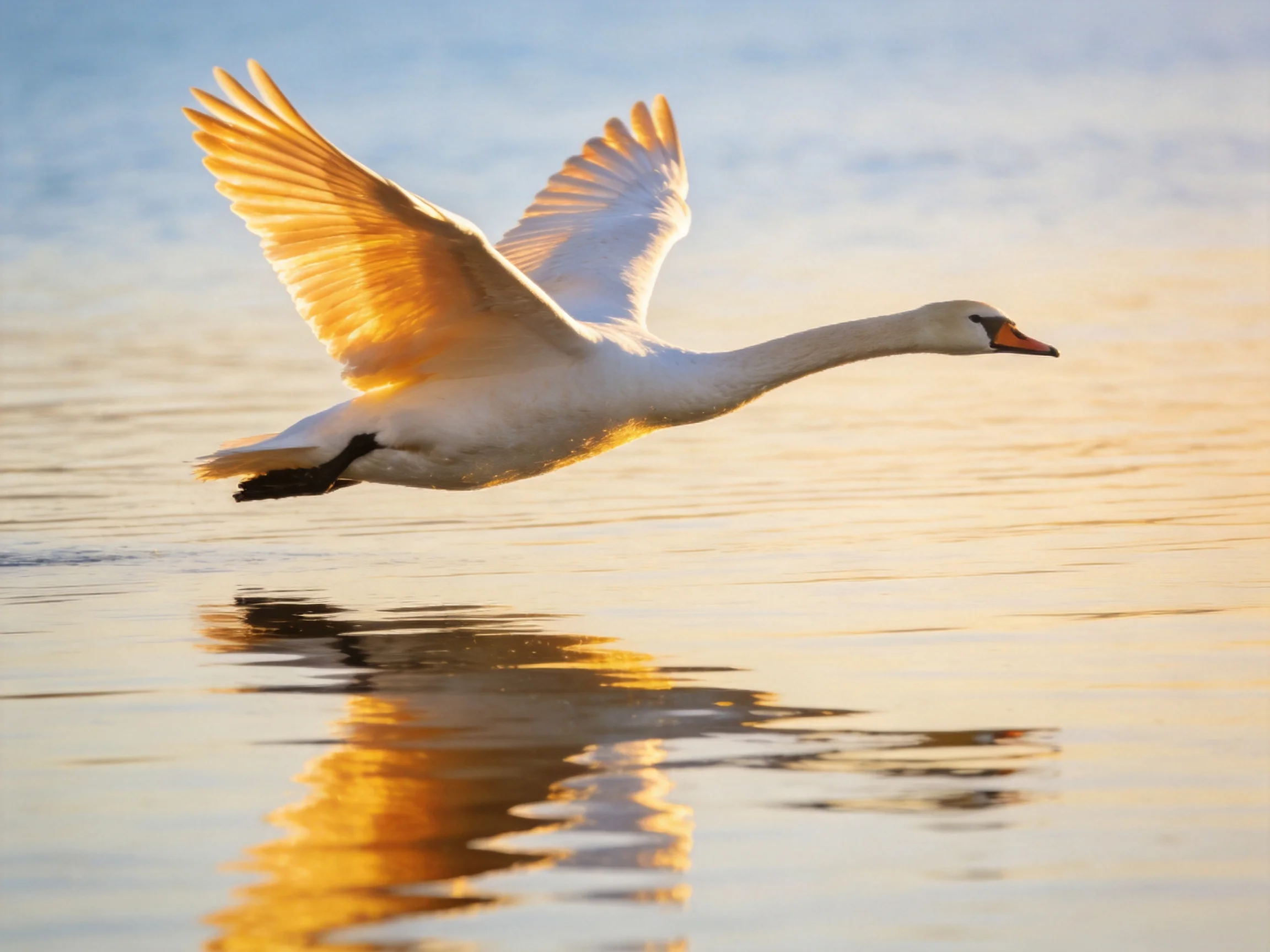 White swan soars over calm water reflecting golden light