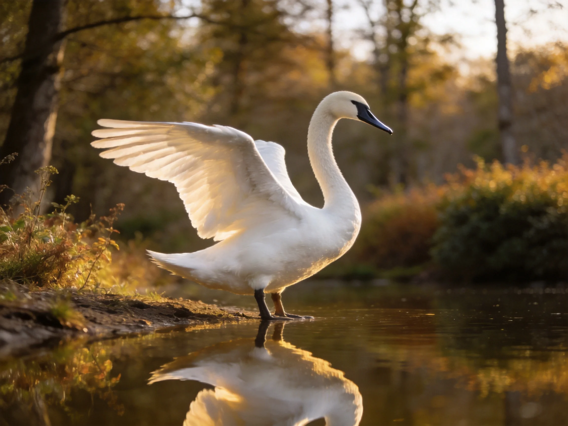 White swan spreading wings by reflective pond in golden light