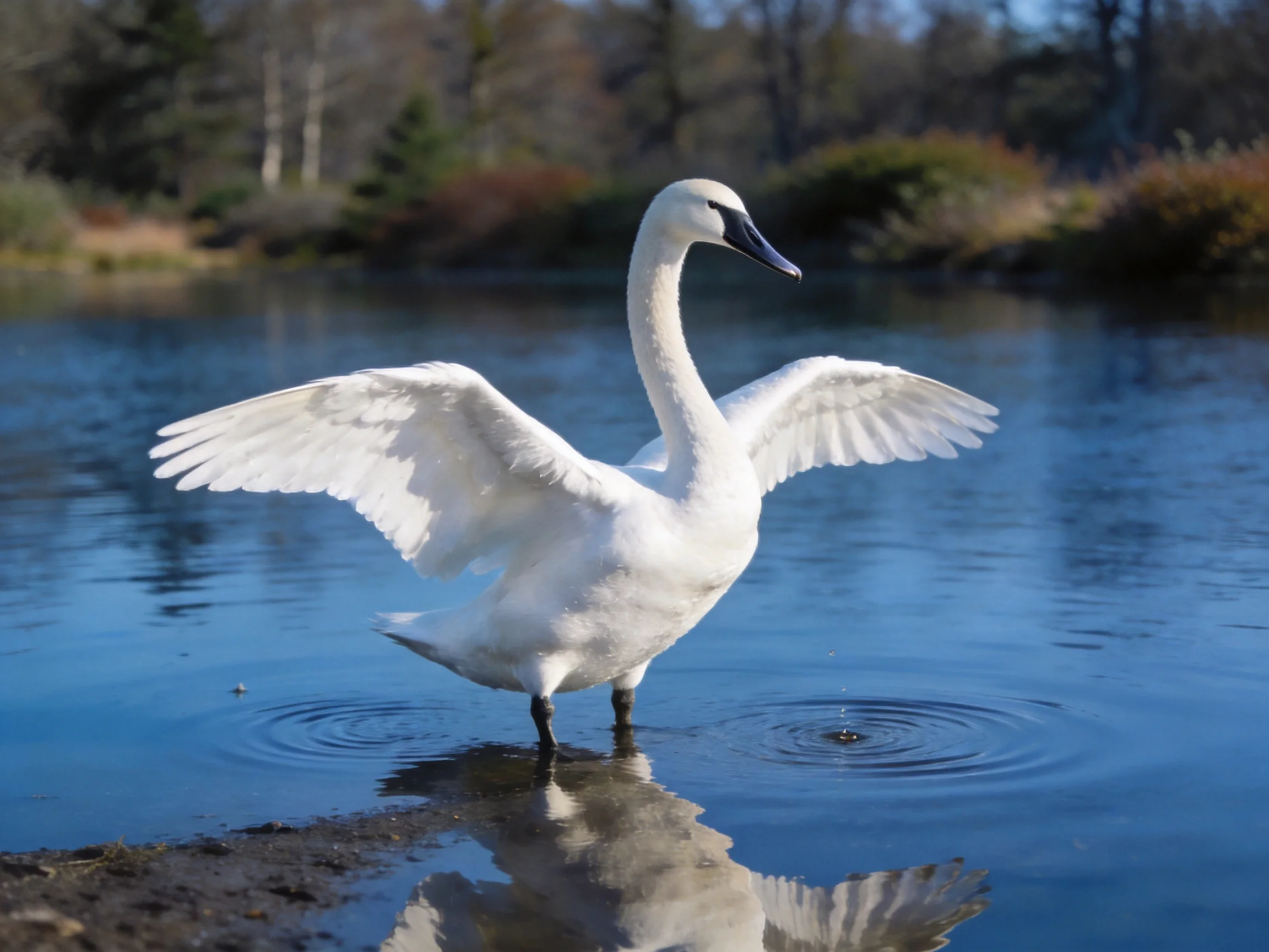 White swan spreading wings in calm blue water
