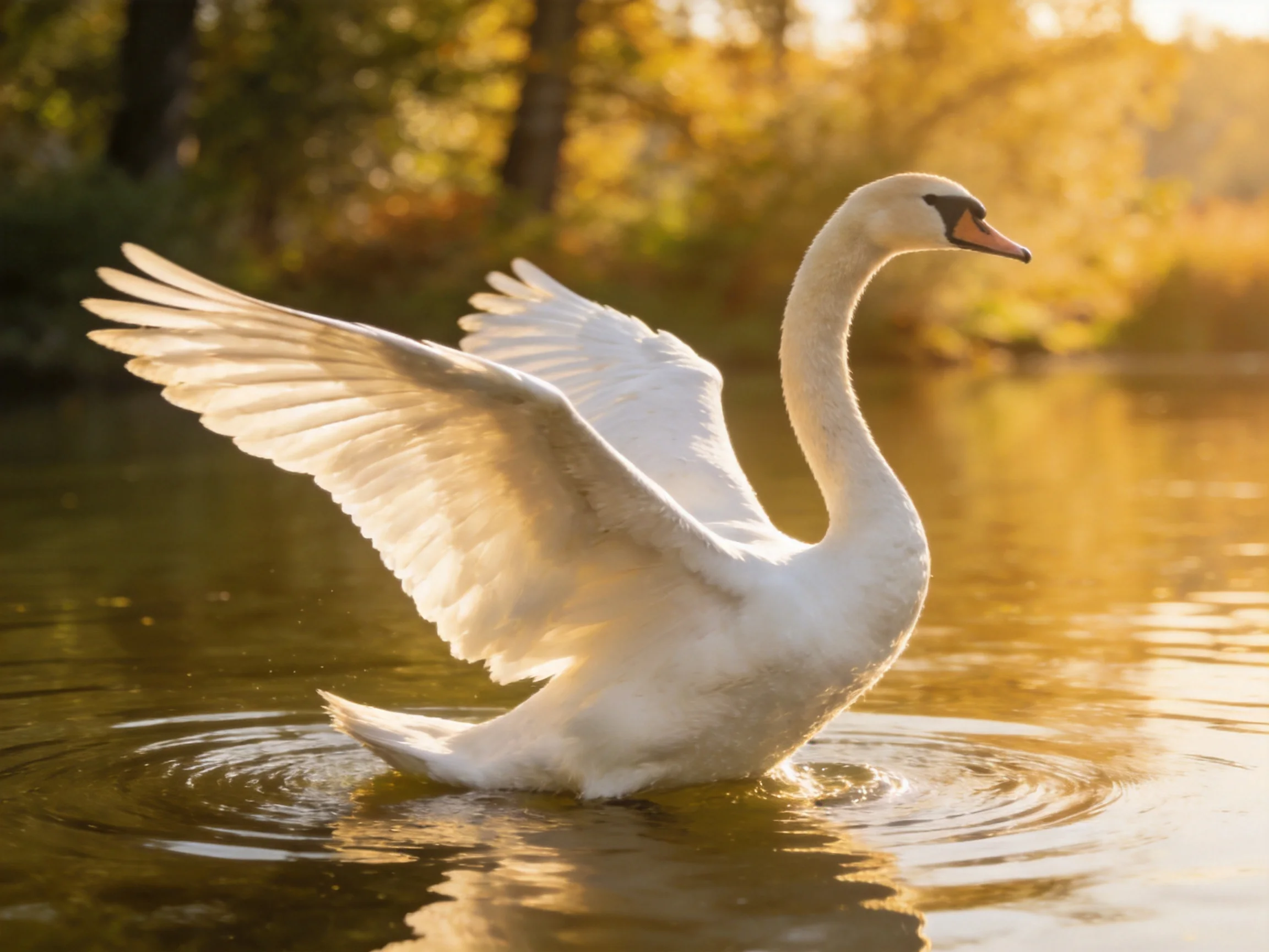 White swan spreading wings in golden-lit water