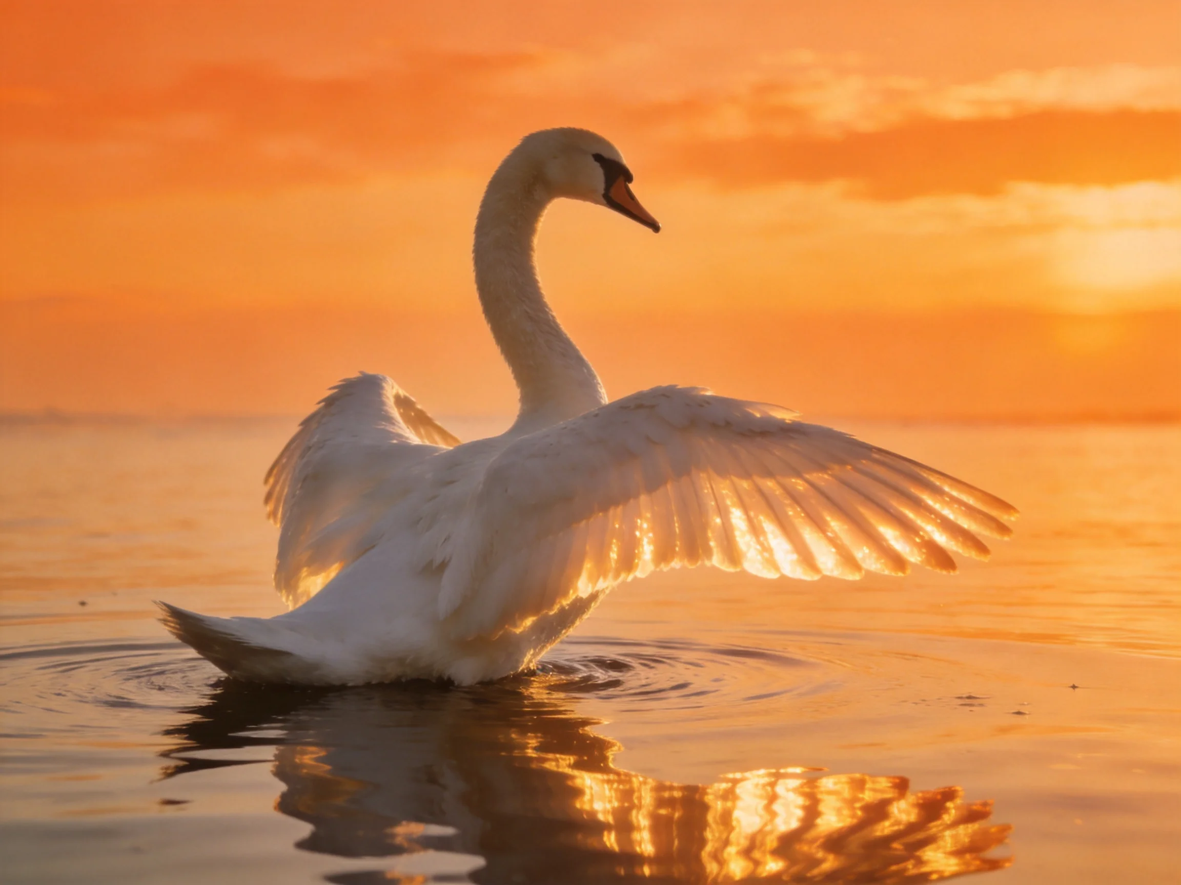 White swan spreading wings in golden sunset waters